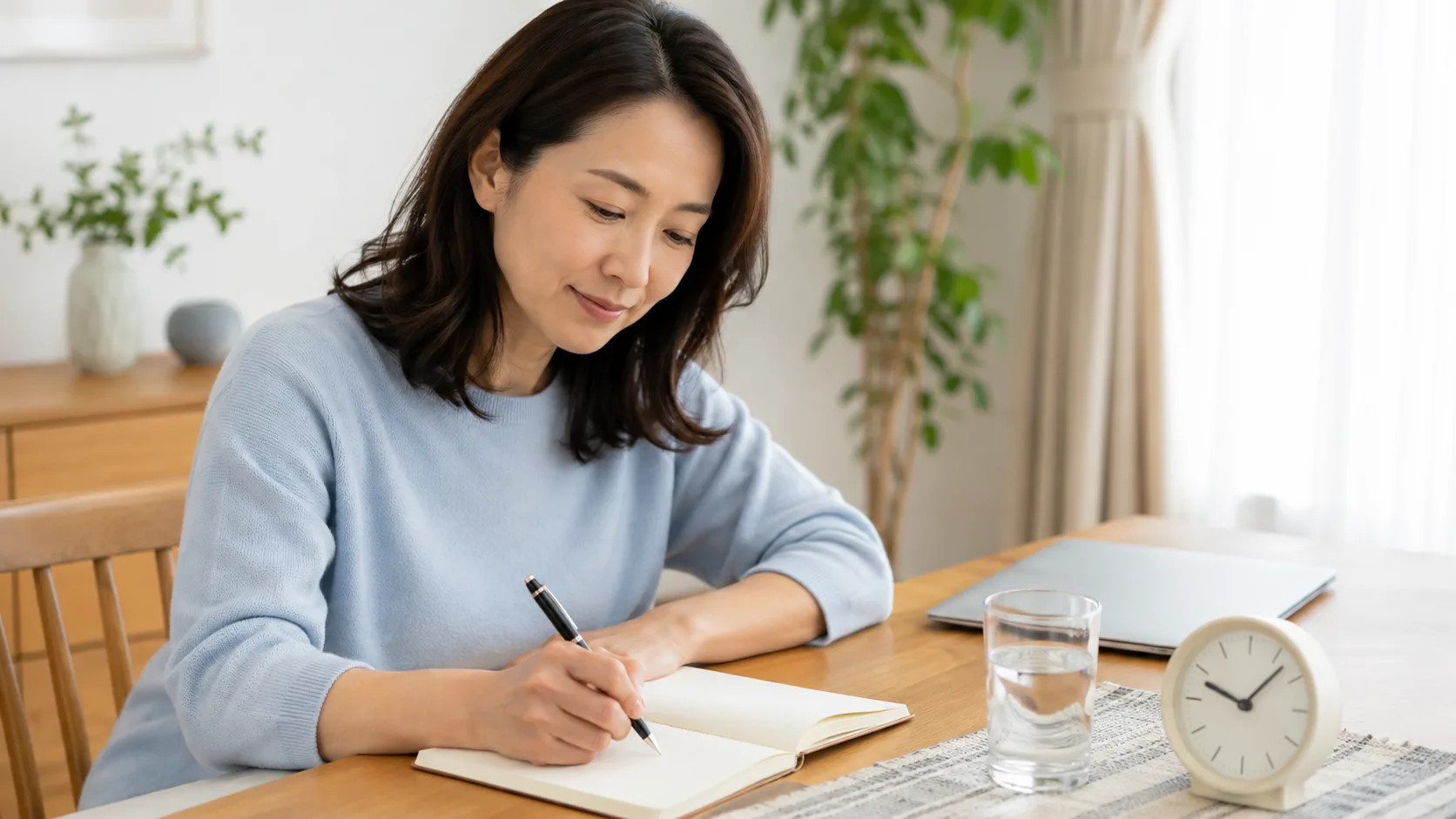 밝은 집 식탁에서 두통 양상을 노트에 기록하는 30대 후반 한국인 여성