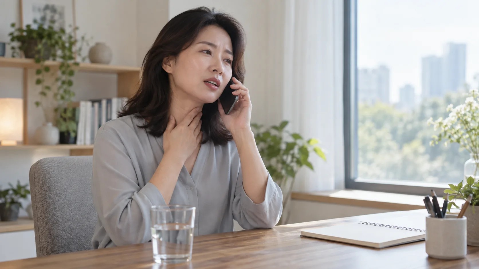 통화하며 목소리 변화를 느끼고 목을 가볍게 짚는 성인 여성