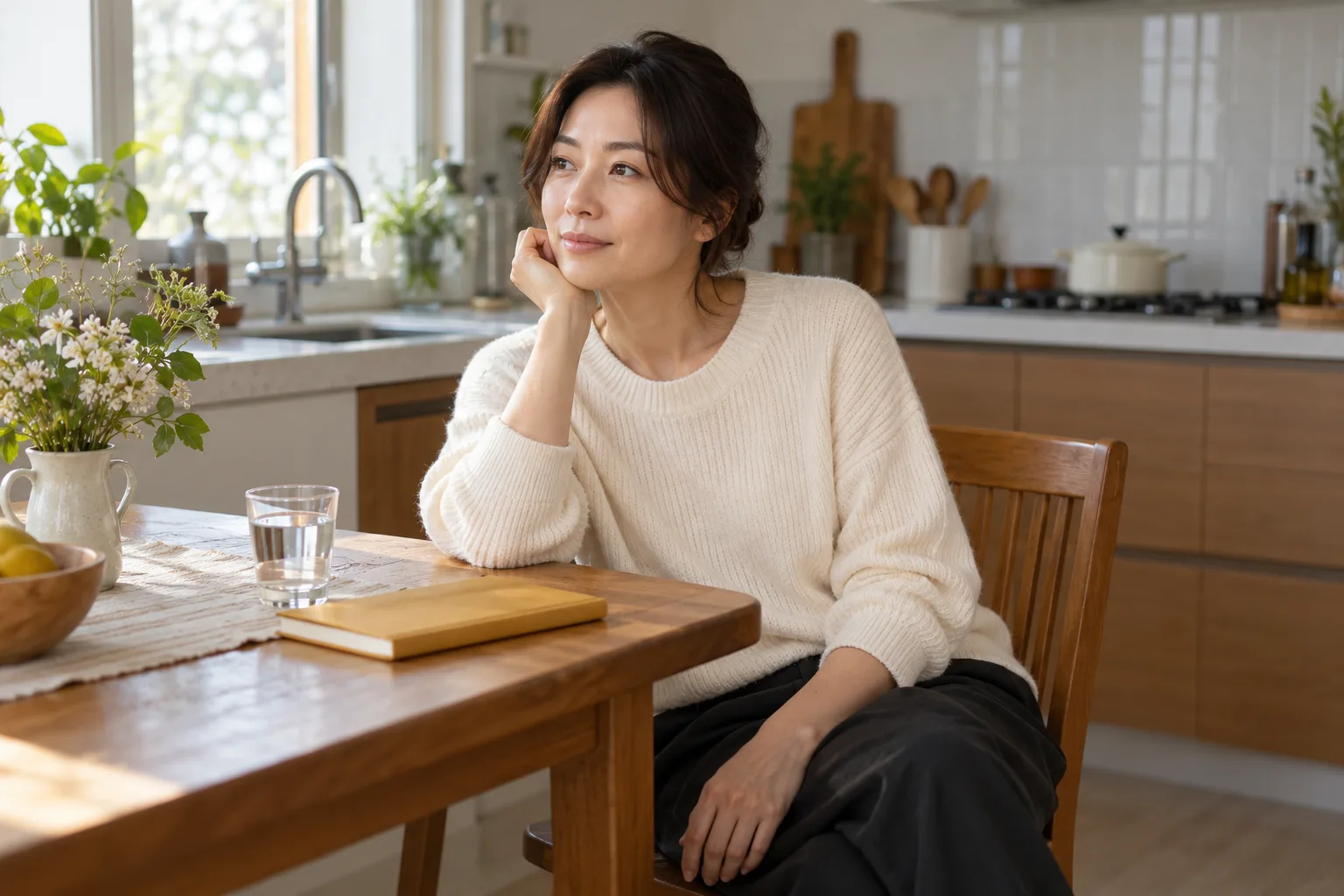무지 수첩과 물잔을 곁에 두고 집의 탁자에 앉아 있는 중년 여성의 가상 일상