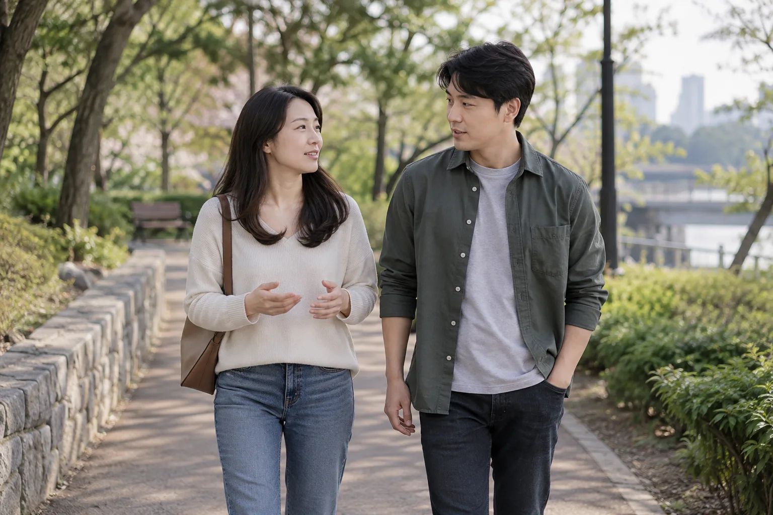 공원 길에서 편하게 걸으며 이야기하는 성인 여성과 남성의 예시