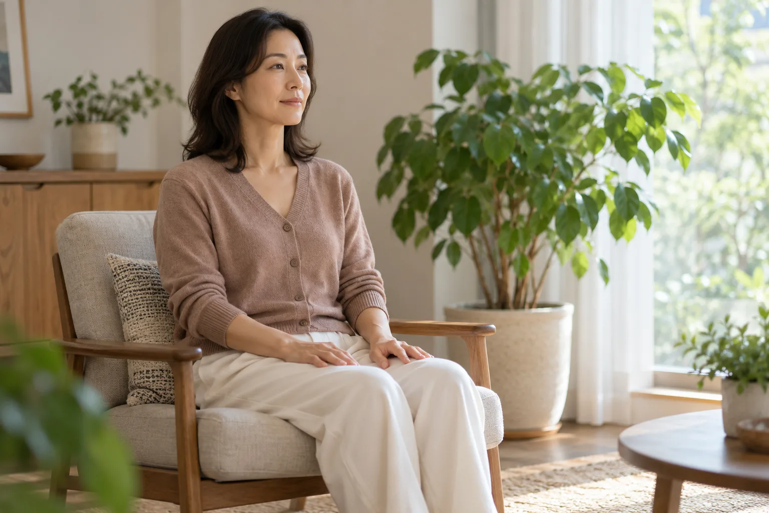등받이 의자에 편하게 앉아 쉬는 성인 여성의 가상 일상