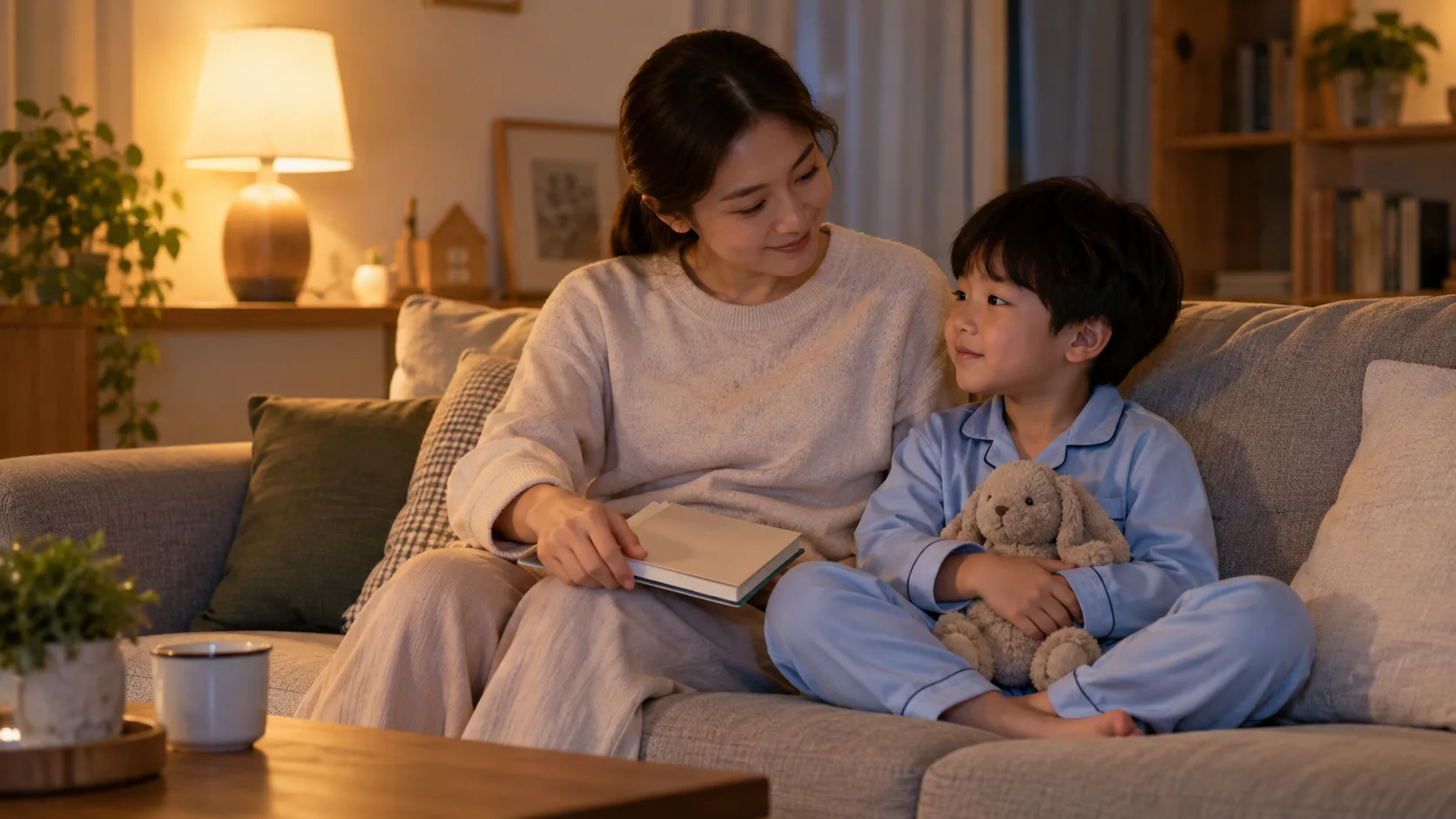 보호자와 함께 무표기 책을 덮는 어린 남아의 저녁 생활 장면