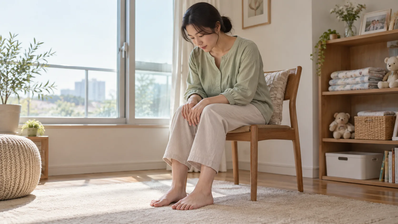 성인 여성이 집에서 양쪽 발과 발목의 변화를 살피는 장면