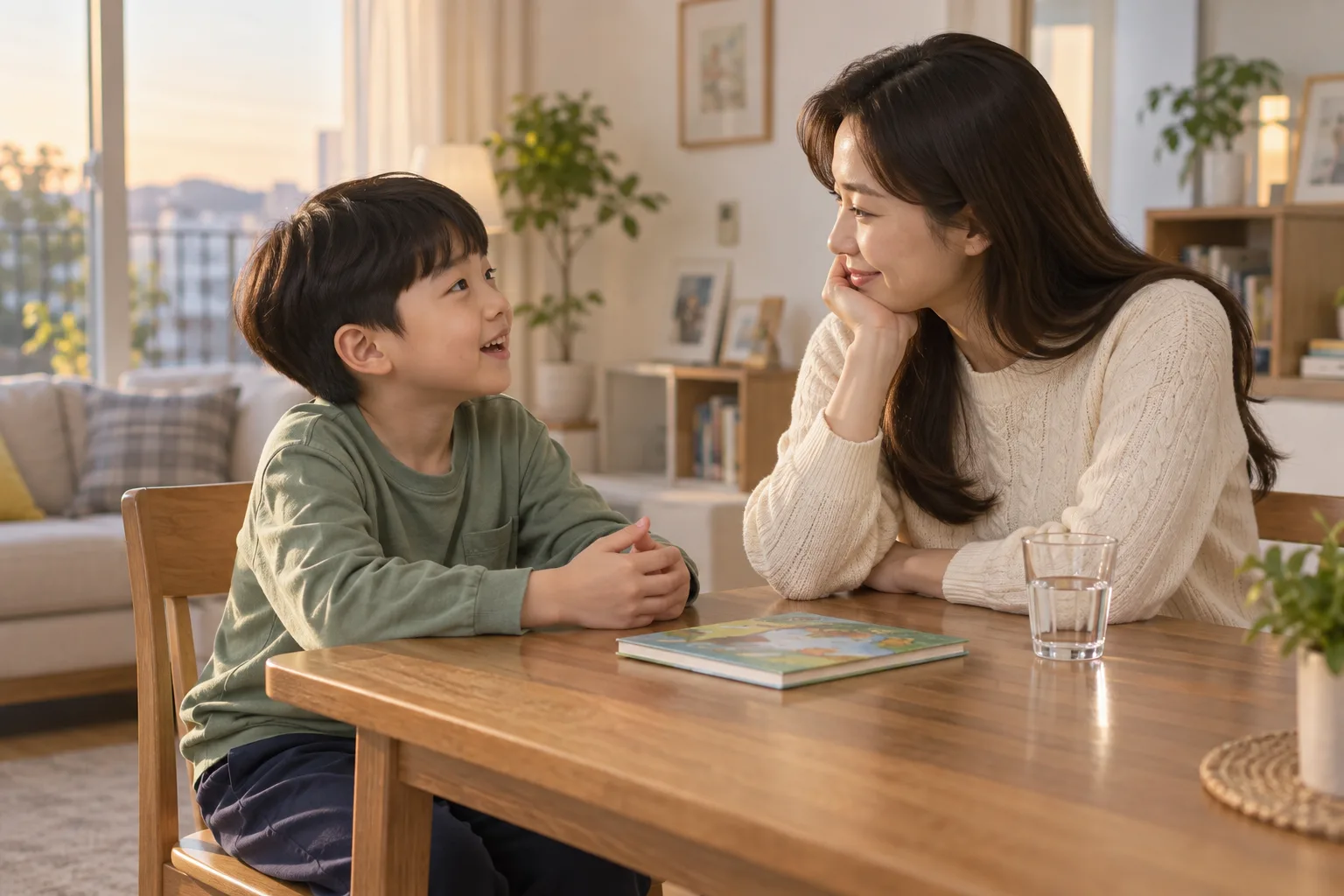 집에서 어머니와 편안하게 이야기하는 아동
