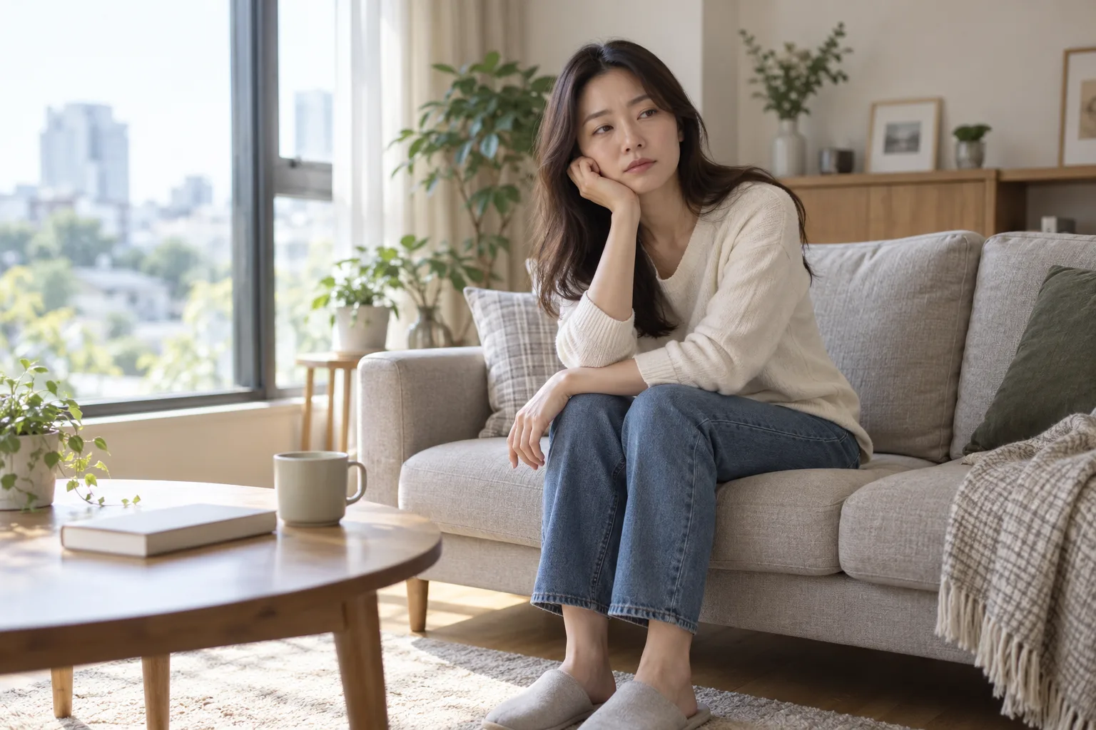 밝은 거실의 소파에서 조용히 쉬는 성인 여성