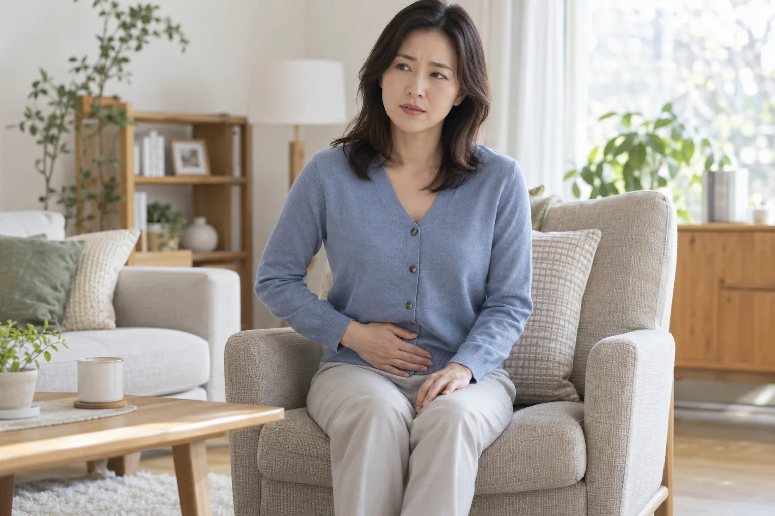거실에서 아랫배의 불편을 느끼는 성인 여성의 생활 장면
