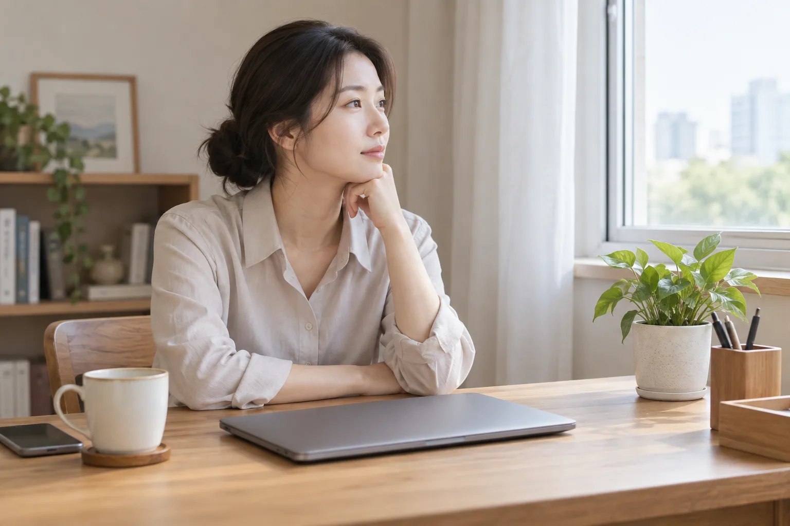 닫힌 노트북이 있는 책상에서 잠시 창밖을 보는 성인 여성