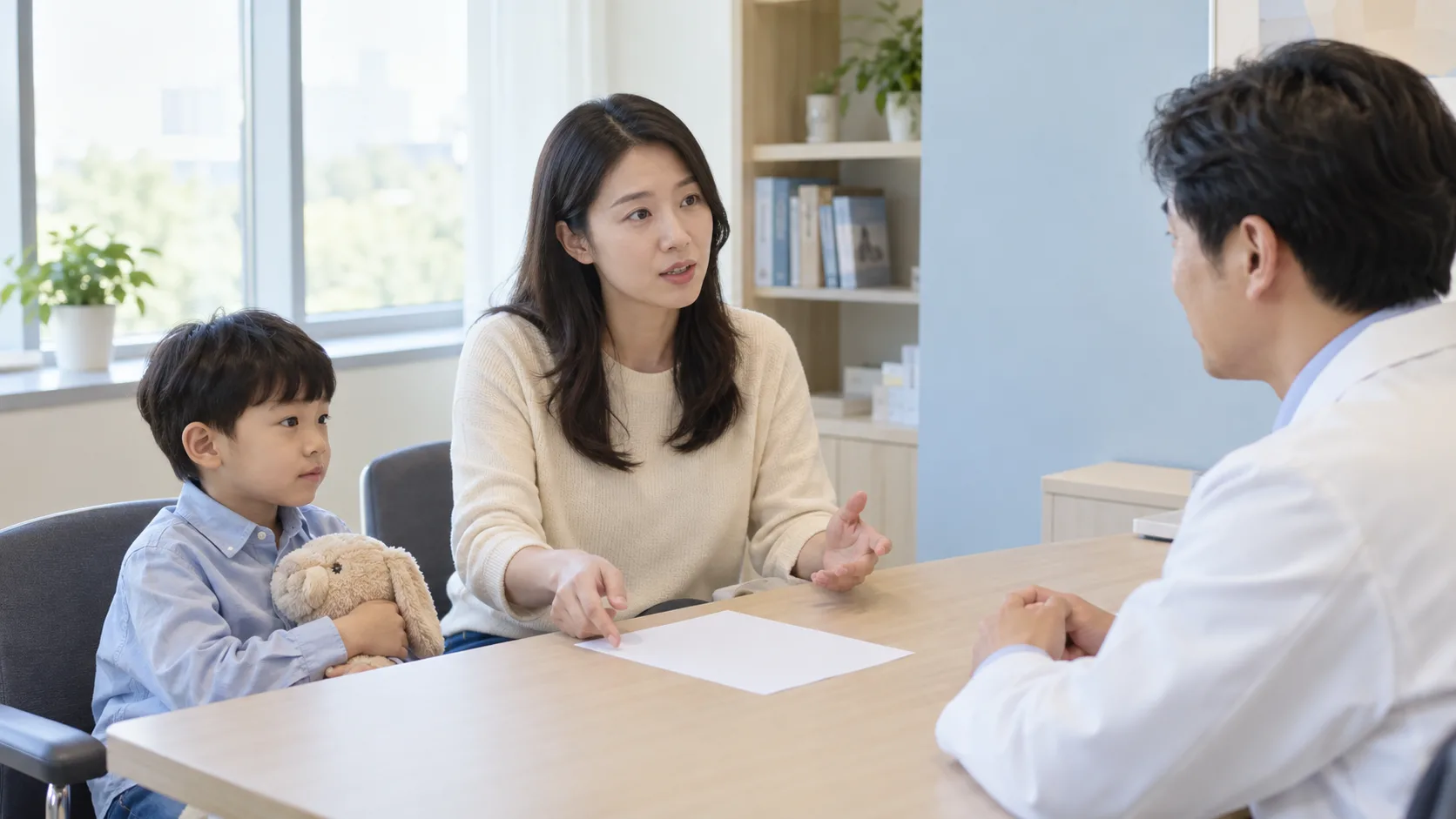 어린아이의 잠드는 과정을 빈 종이와 함께 일반 의료진에게 설명하는 보호자