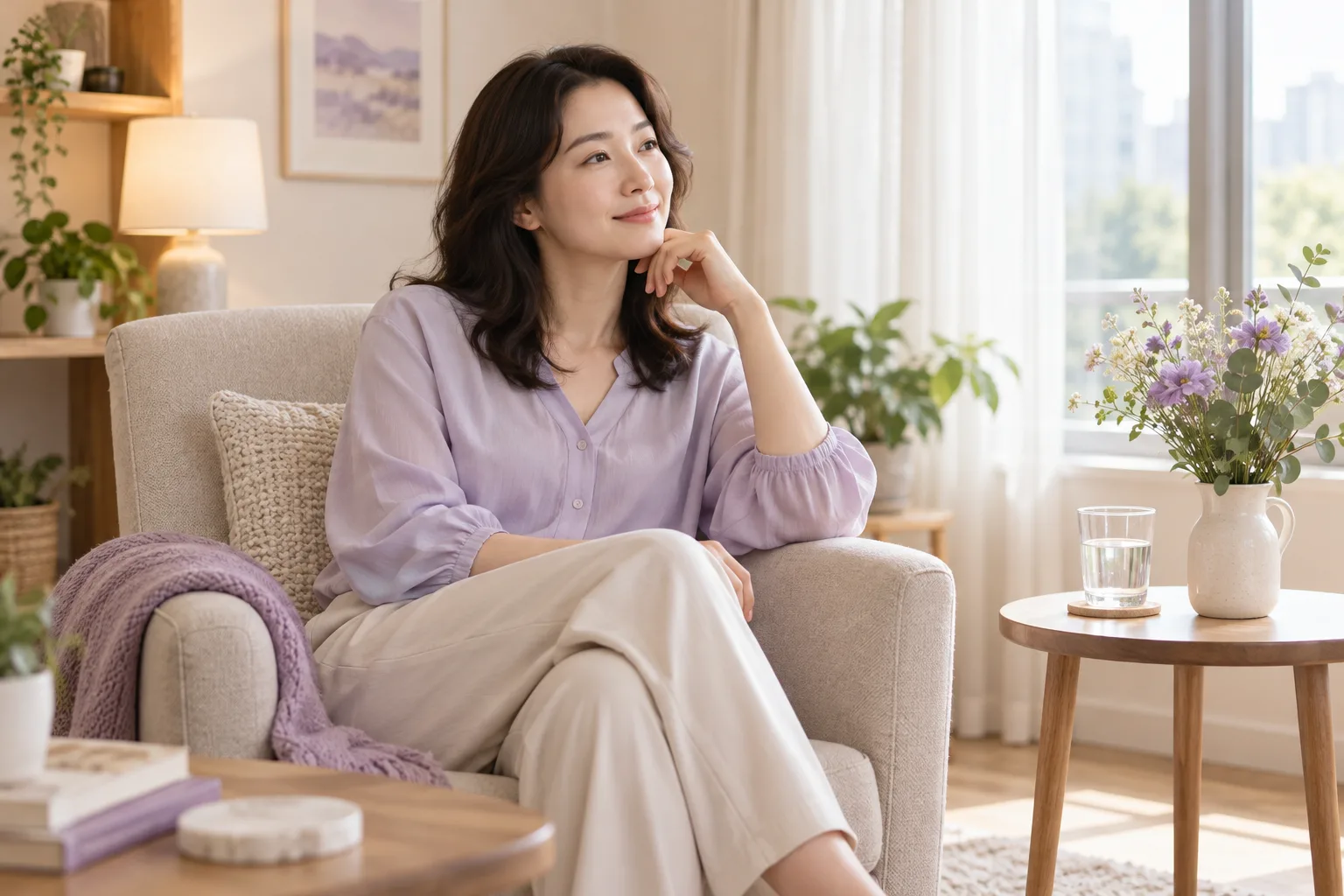 밝은 거실 의자에 앉아 생각하는 성인 여성의 일상 예시
