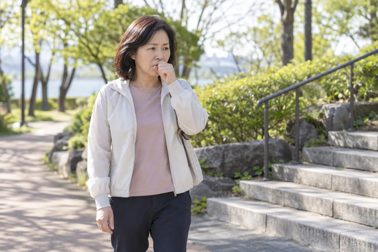 공원 계단 옆에서 작은 기침을 하는 중년 여성의 일상 예시