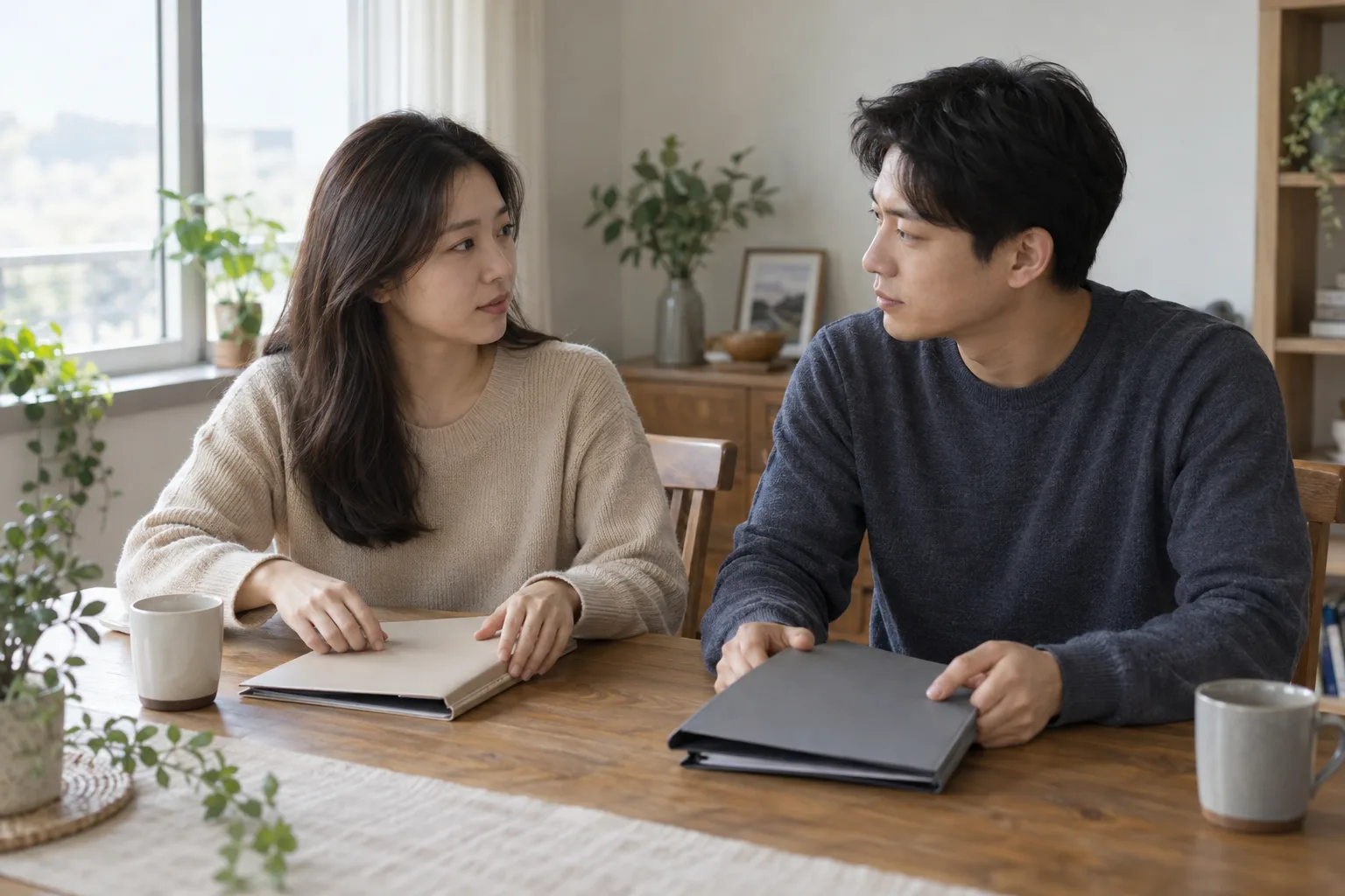 기존 검사 자료에 관해 배우자와 이야기하며 닫힌 서류철을 정리하는 성인 여성의 생활 예시