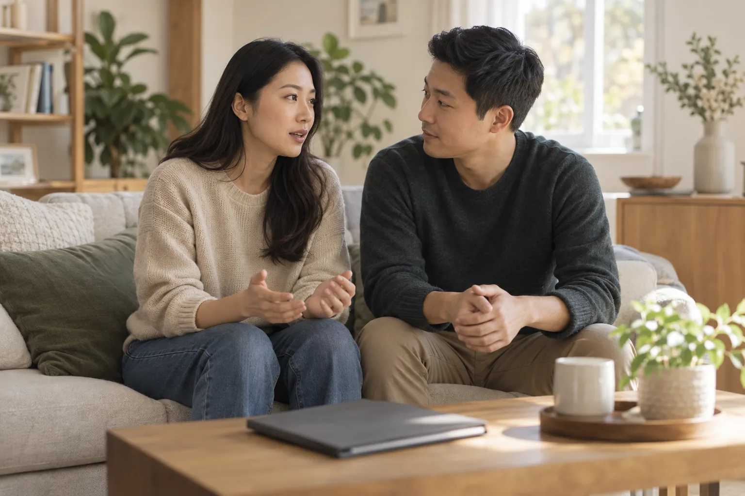 건강과 앞으로의 계획을 이야기하는 성인 여성과 동반자의 생활 예시 이미지