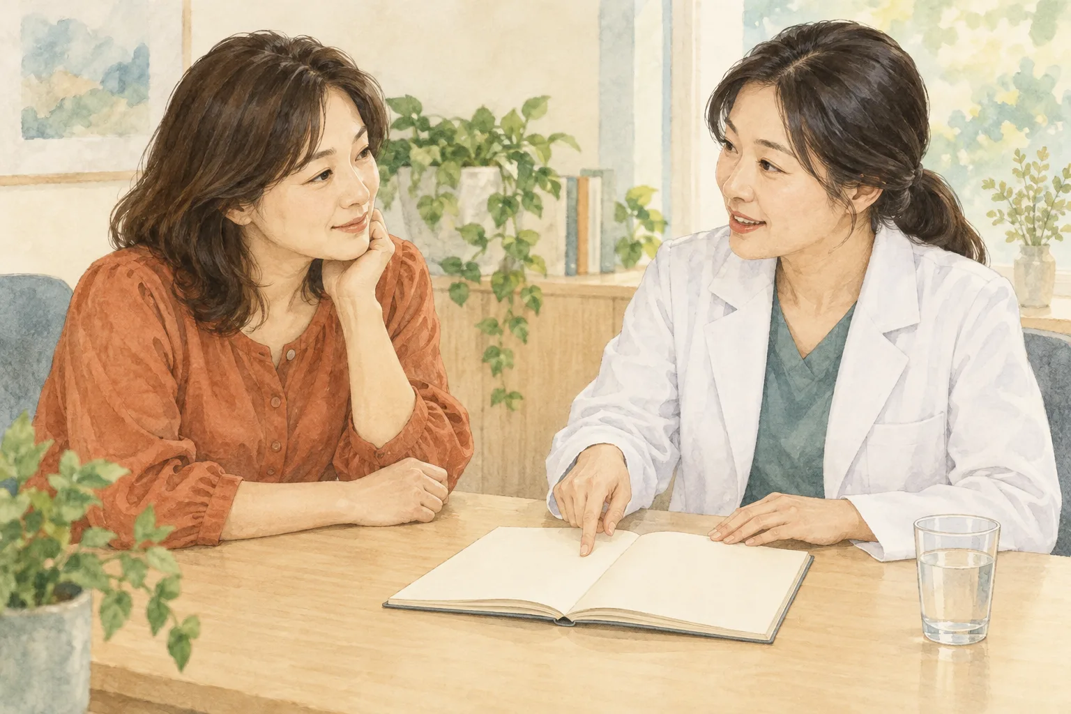 빈 노트를 펼쳐 배뇨 기록에 대해 의논하는 성인 여성과 의료진의 상담 예시