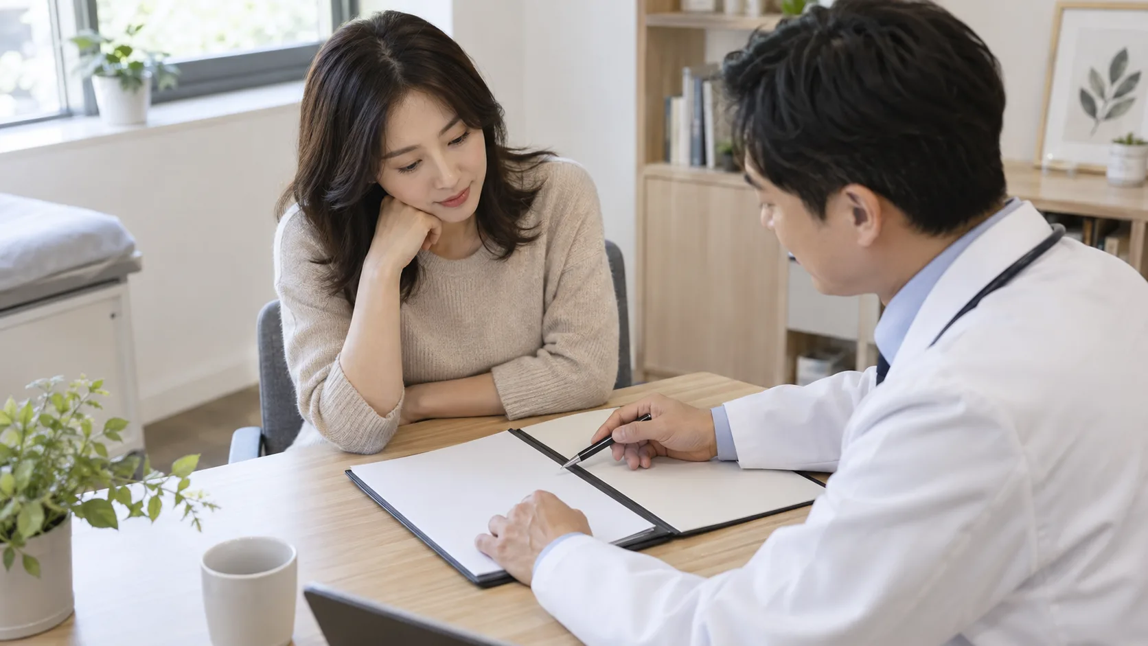 진료 책상에서 무표시 폴더를 함께 보며 검사 설명을 듣는 성인 여성과 의료진의 상담 예시