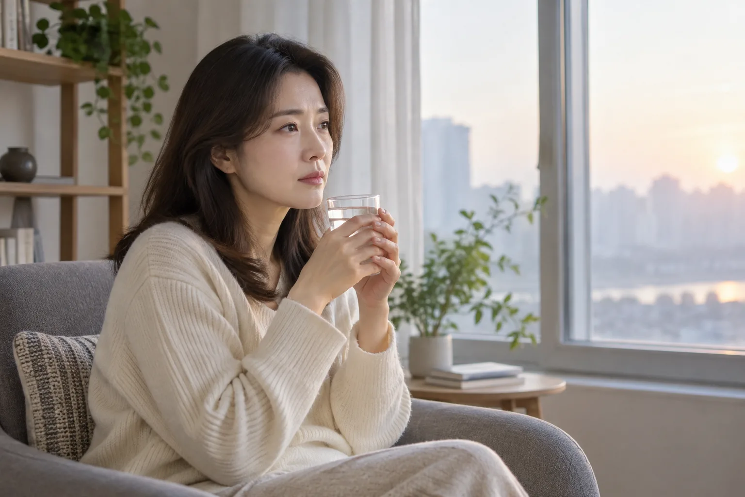 집에서 창가 의자에 앉아 아침을 맞는 성인 여성