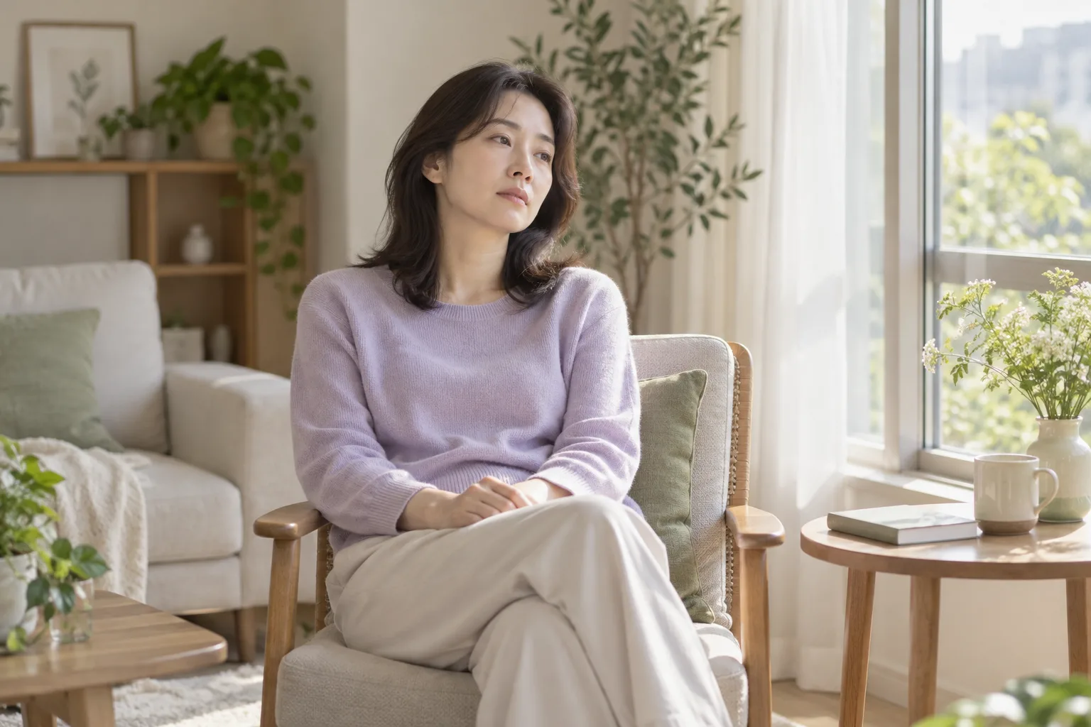 창가 의자에 앉아 생각하는 성인 여성의 일상 예시