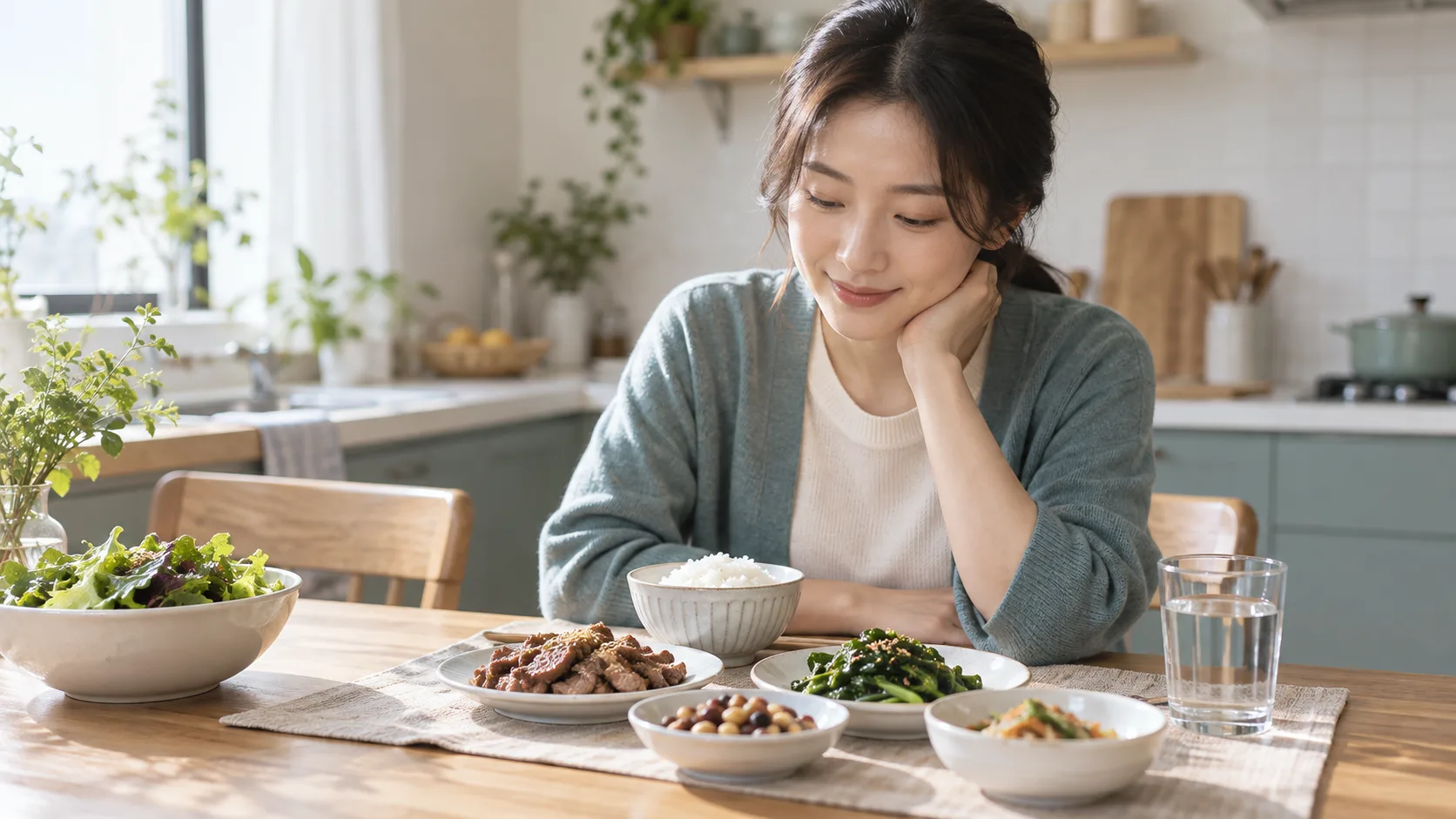 집 식탁에서 밥과 고기·콩·채소가 담긴 식사를 앞에 둔 성인 여성의 생활 예시