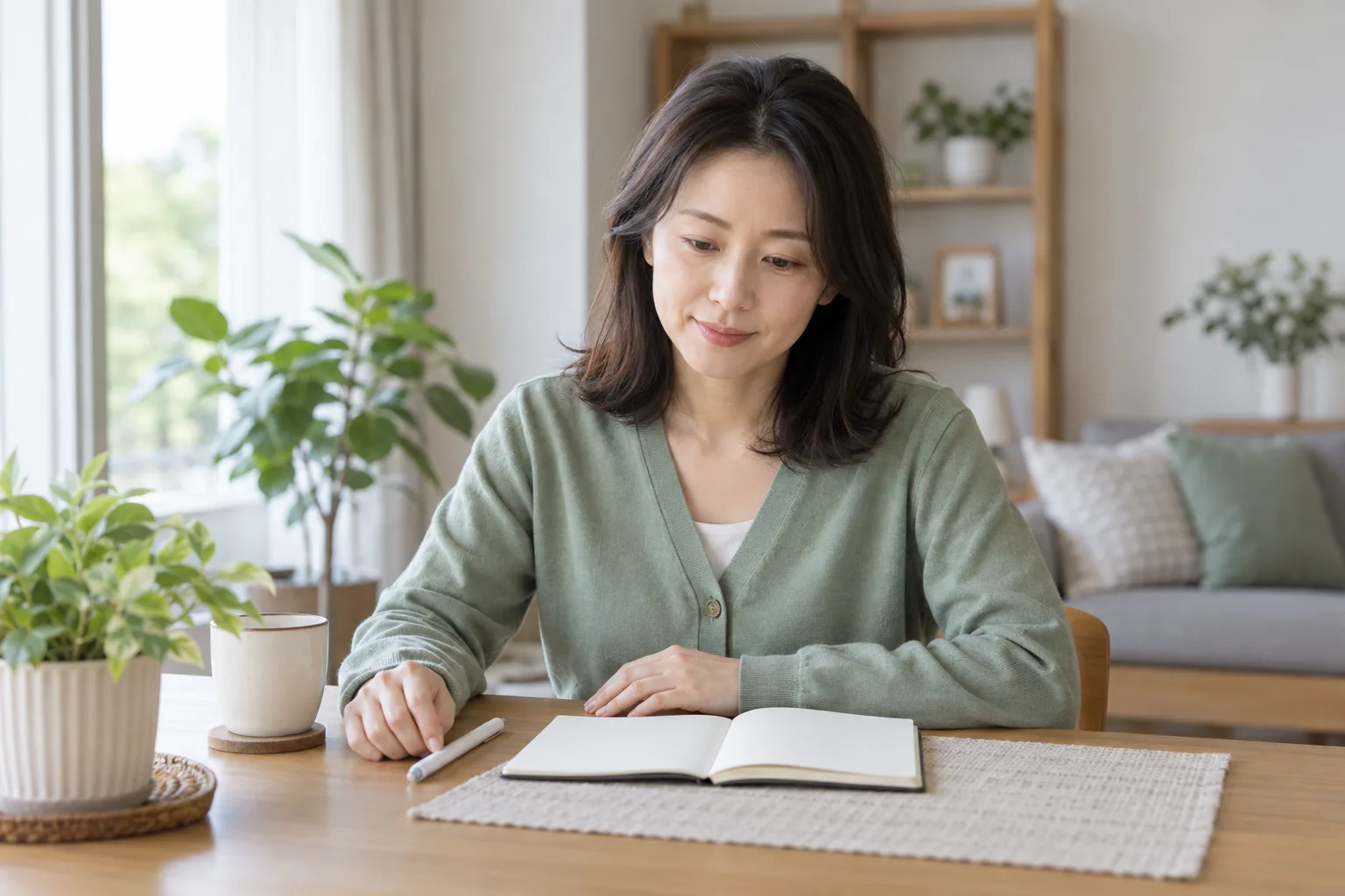 집에서 작은 노트를 살피며 상담 내용을 준비하는 성인 여성