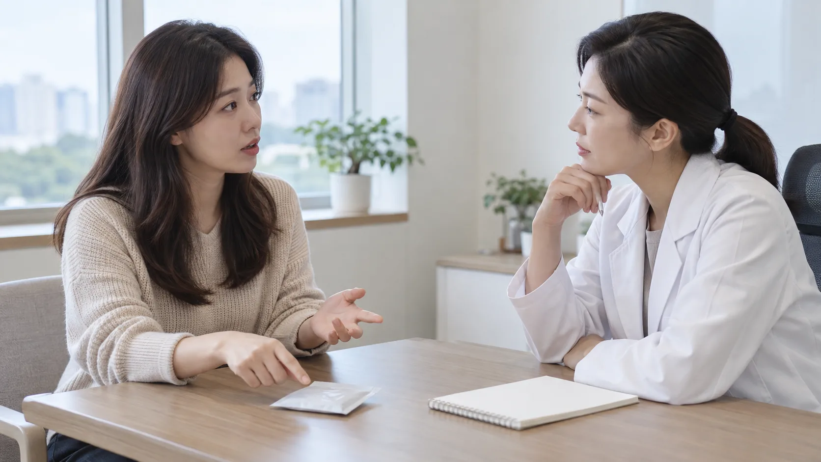 의료진에게 약 봉투를 보여 주며 복용 후 졸림을 상담하는 성인 여성의 예시 이미지