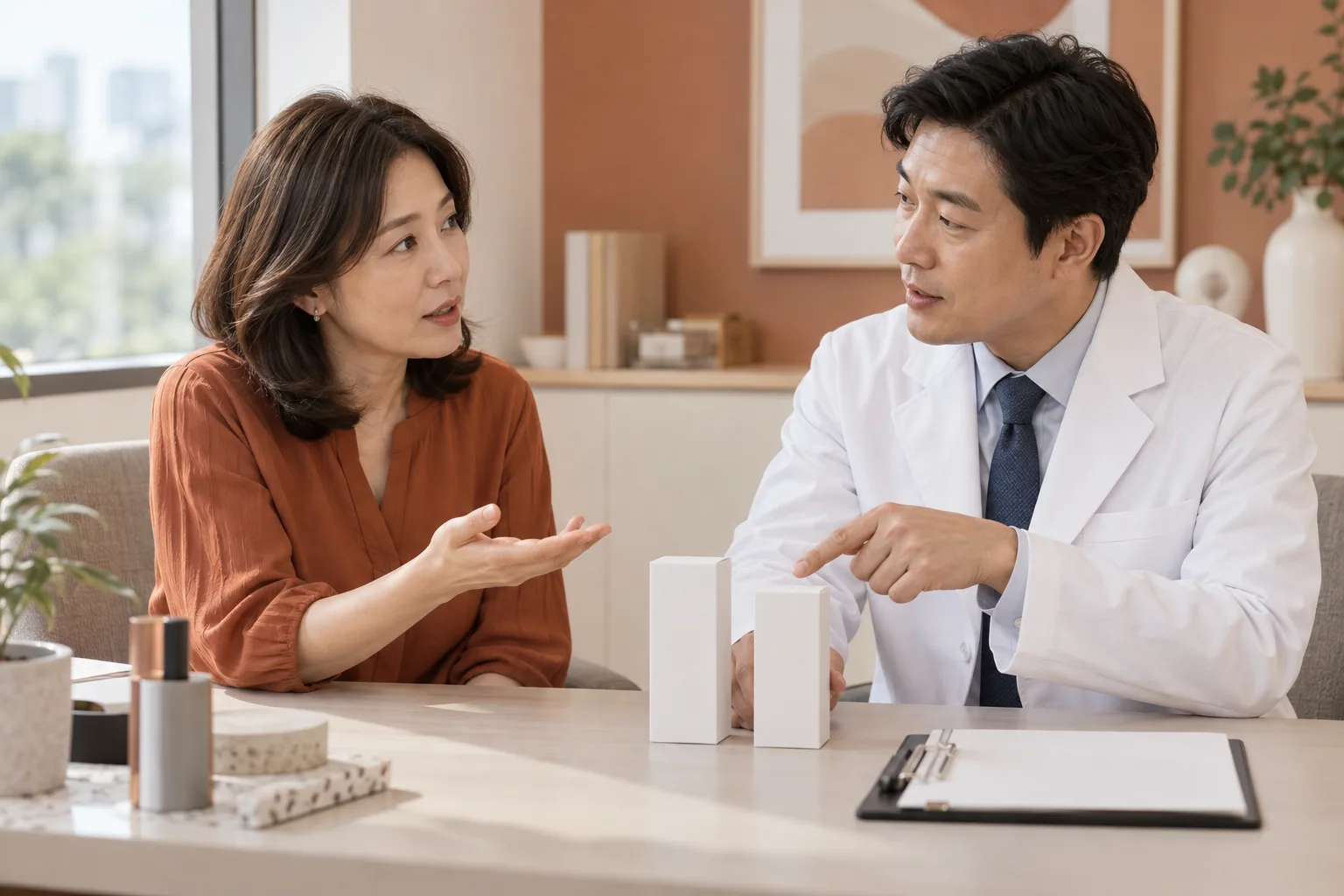 제품 사용 목적을 의료진과 의논하는 성인 여성의 설명 상담 예시