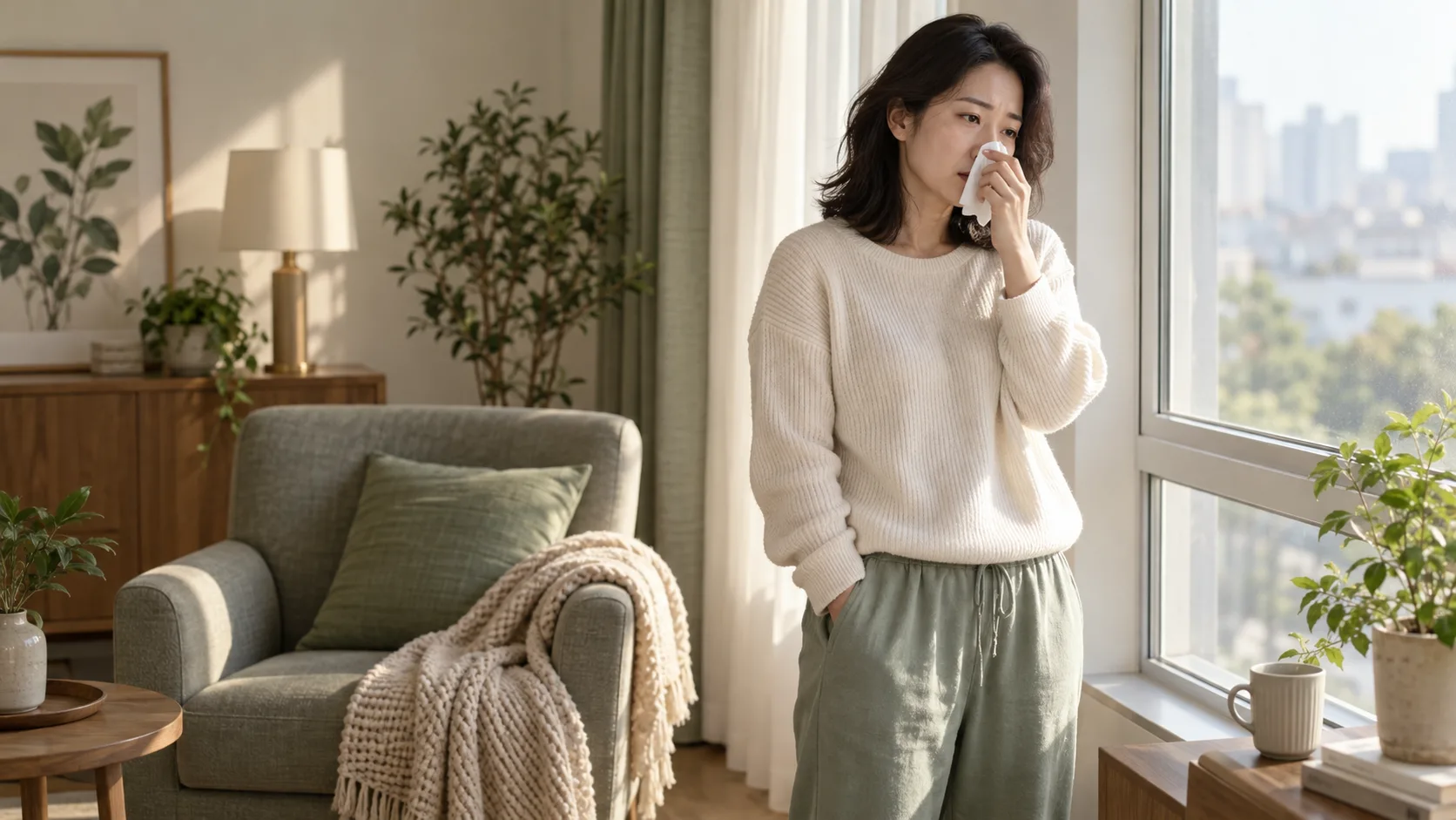 아침 거실에서 코에 휴지를 대고 불편을 느끼는 성인 여성의 예시 이미지