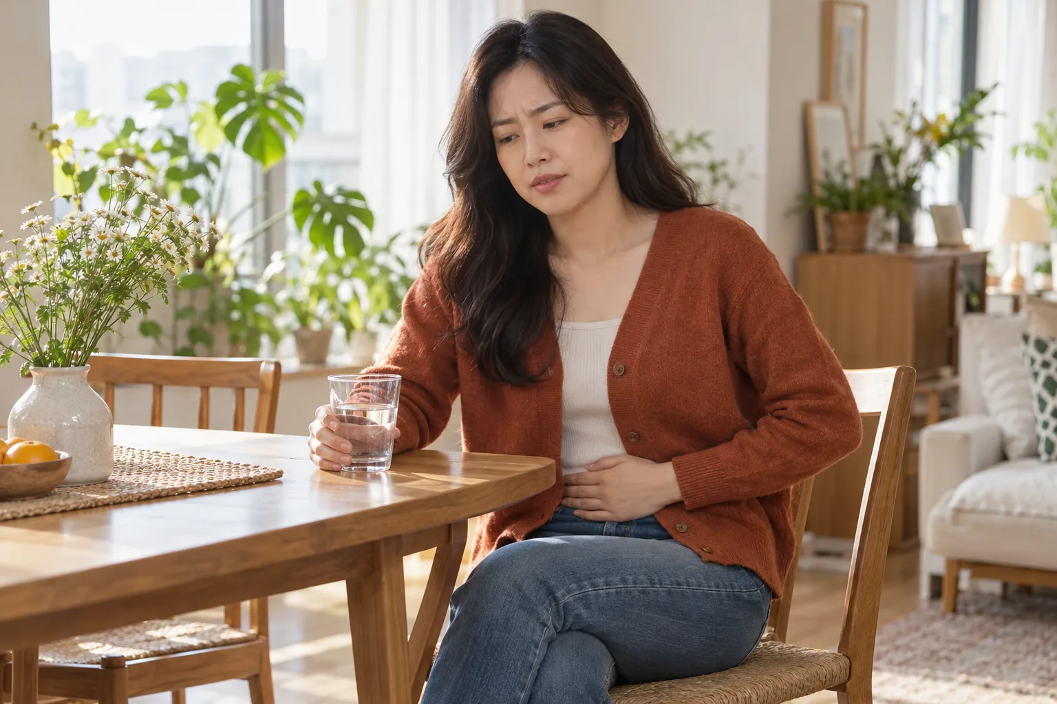밝은 집 식탁에서 물잔을 들고 옷 위로 아랫배를 짚는 성인 여성의 생리 불편함 예시