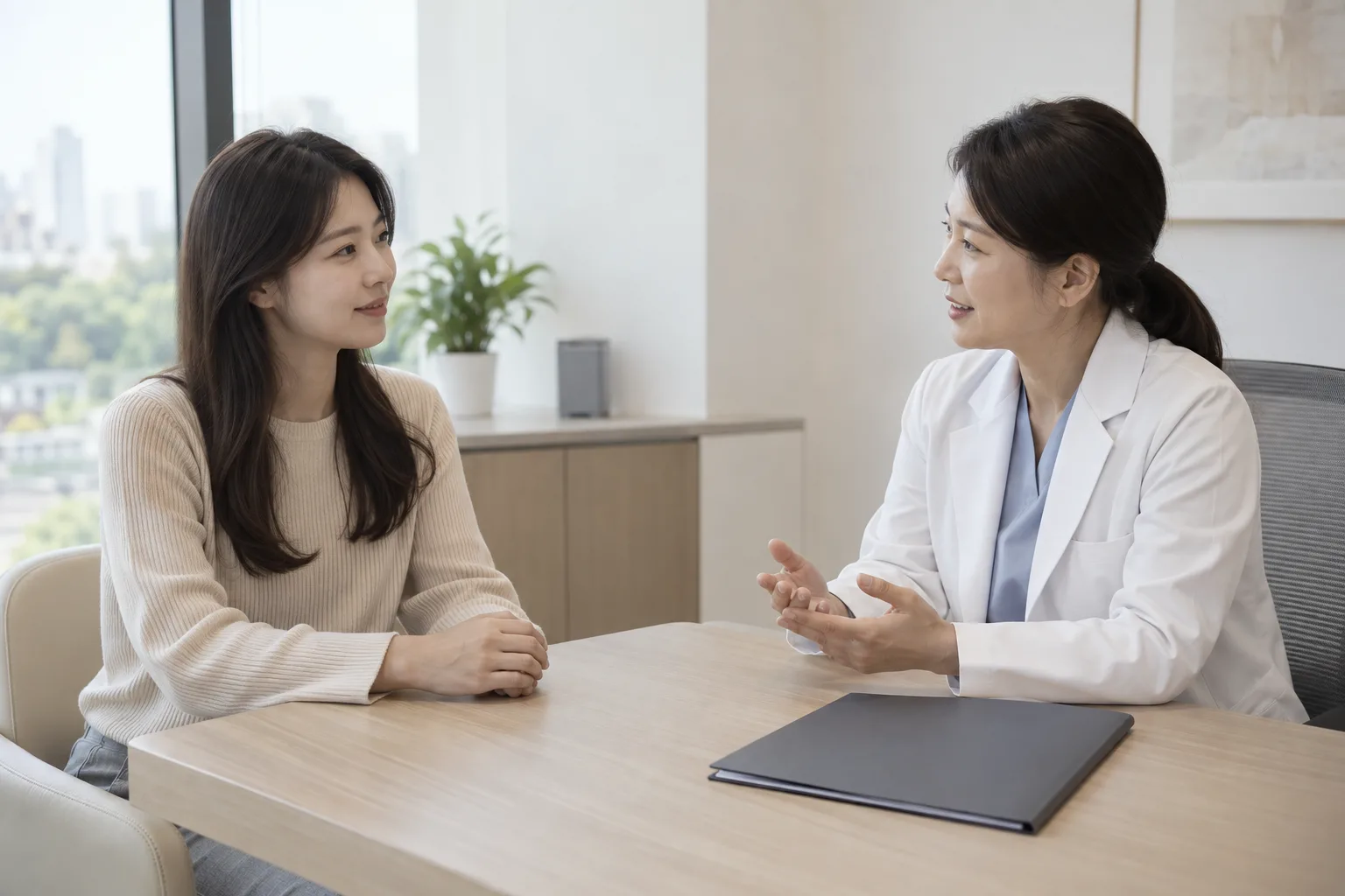 의료진에게 현재 불편을 설명하는 성인 여성의 상담 예시 이미지