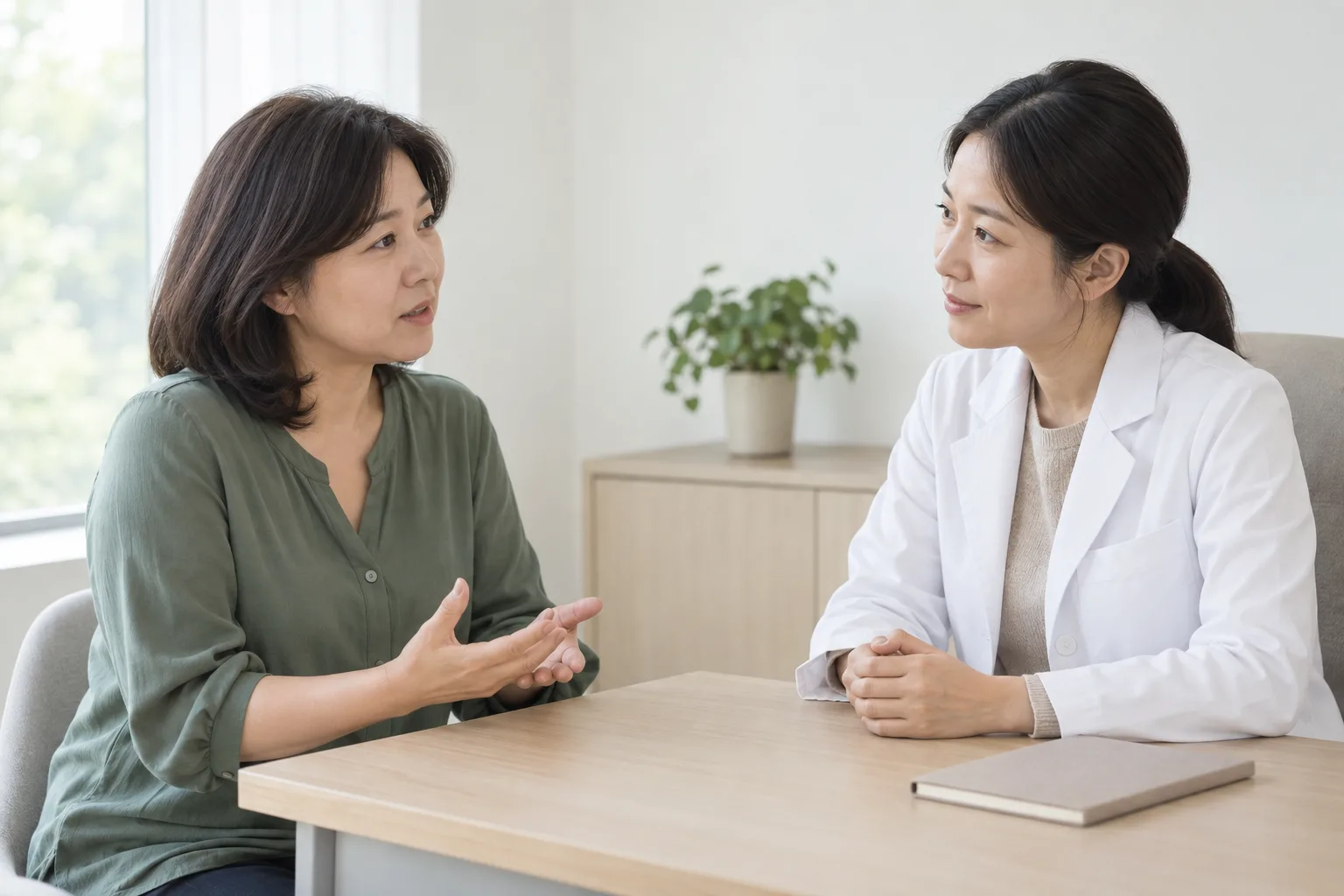 일반 의료진에게 통증의 경과를 설명하는 성인 여성의 상담 예시