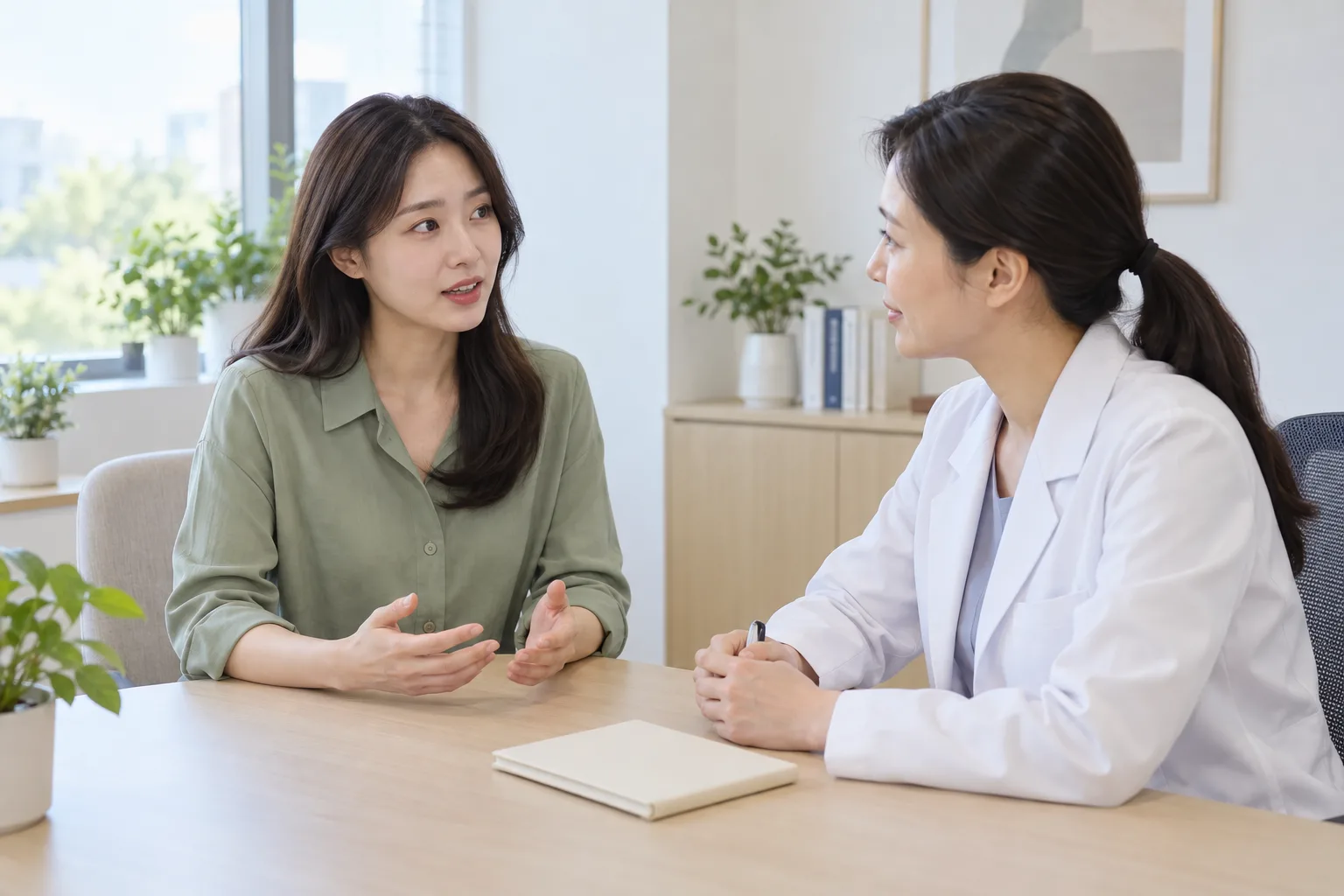생리가 멈춘 시기와 검사 이력을 의료진에게 설명하는 성인 여성의 상담 예시