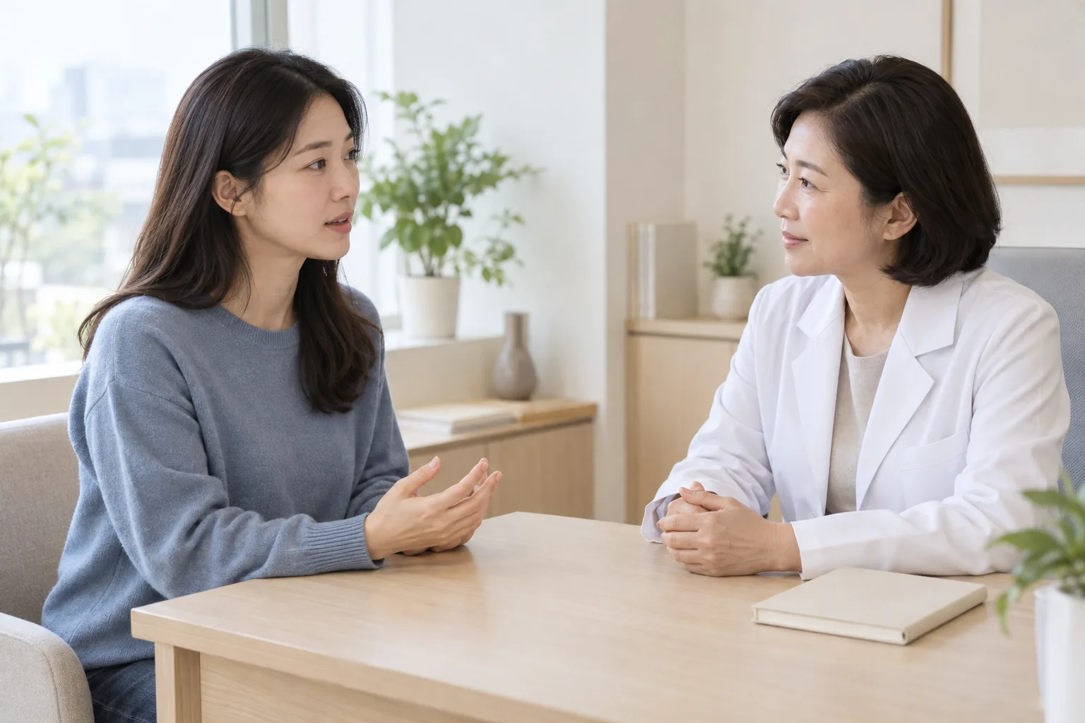 일반 의료진에게 생리 전 변화에 관한 질문을 이야기하는 성인 여성의 상담 예시