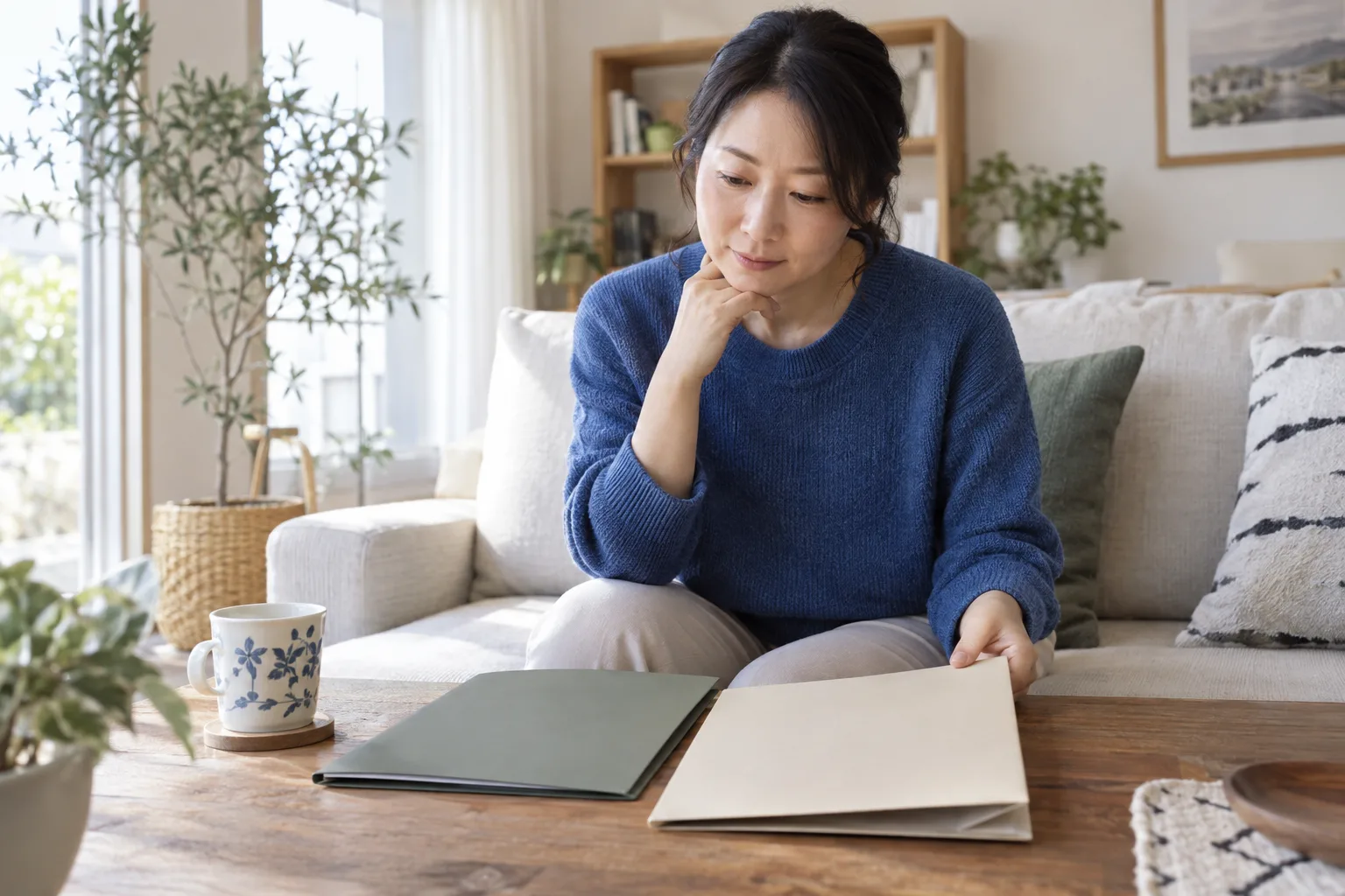 집에서 서류 폴더를 준비하는 성인 여성의 추적 진료 준비 예시
