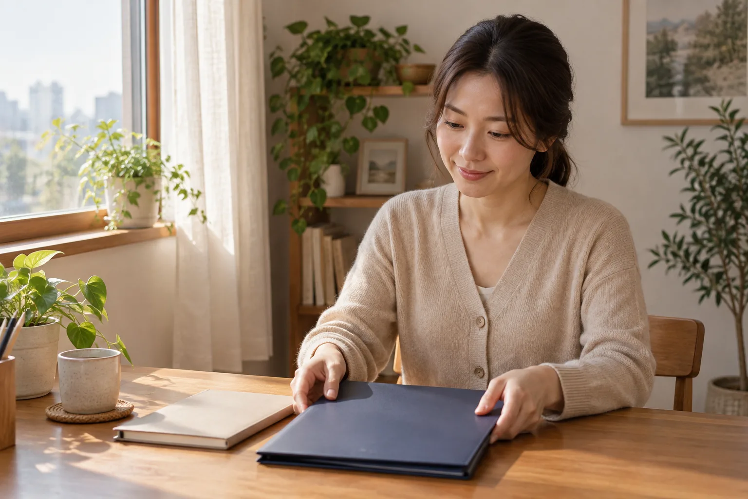 진료에서 이야기할 내용을 준비하며 닫힌 서류철을 정리하는 성인 여성의 생활 예시