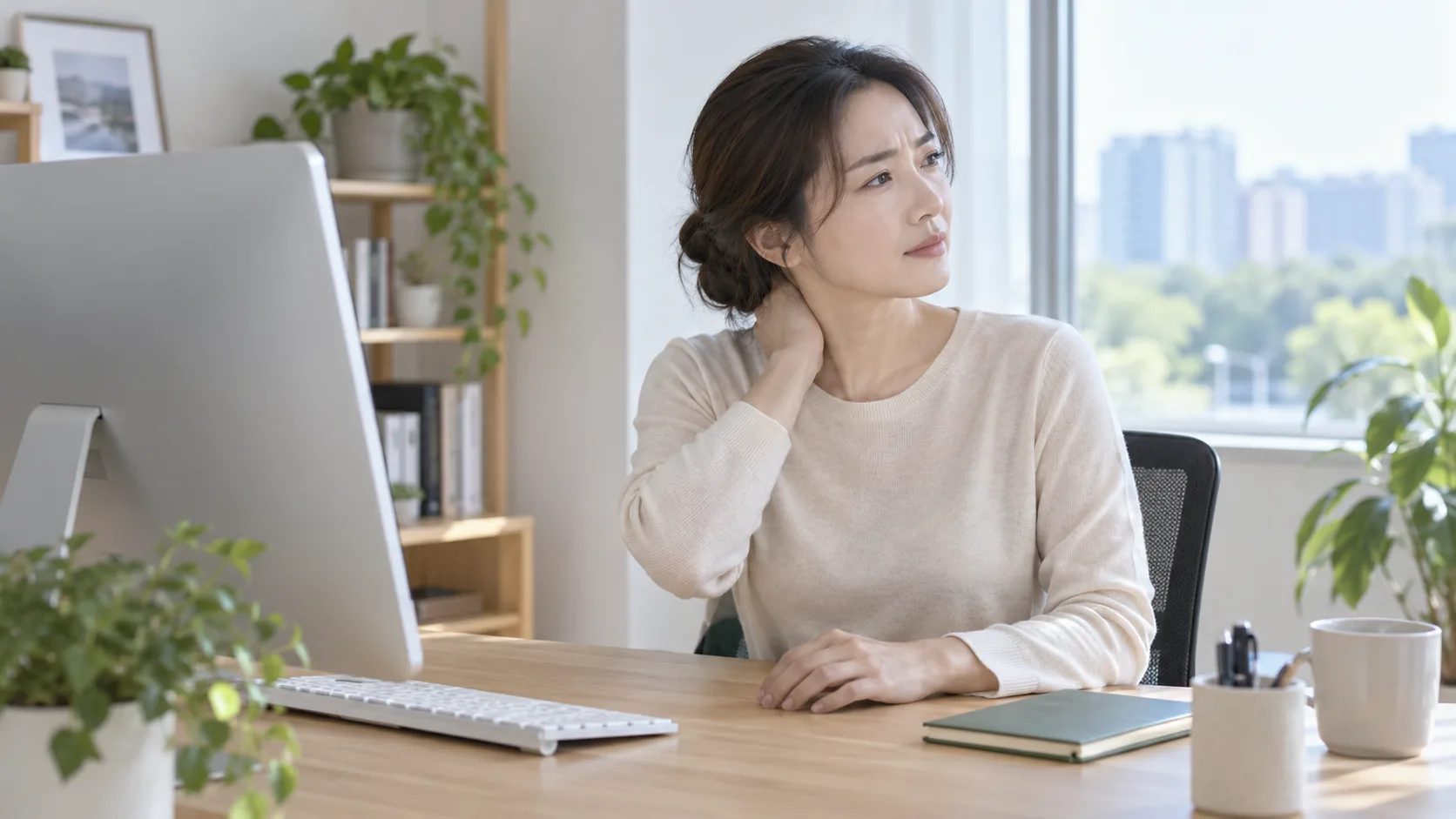 화면에서 시선을 돌리고 목에 가볍게 손을 댄 성인 여성