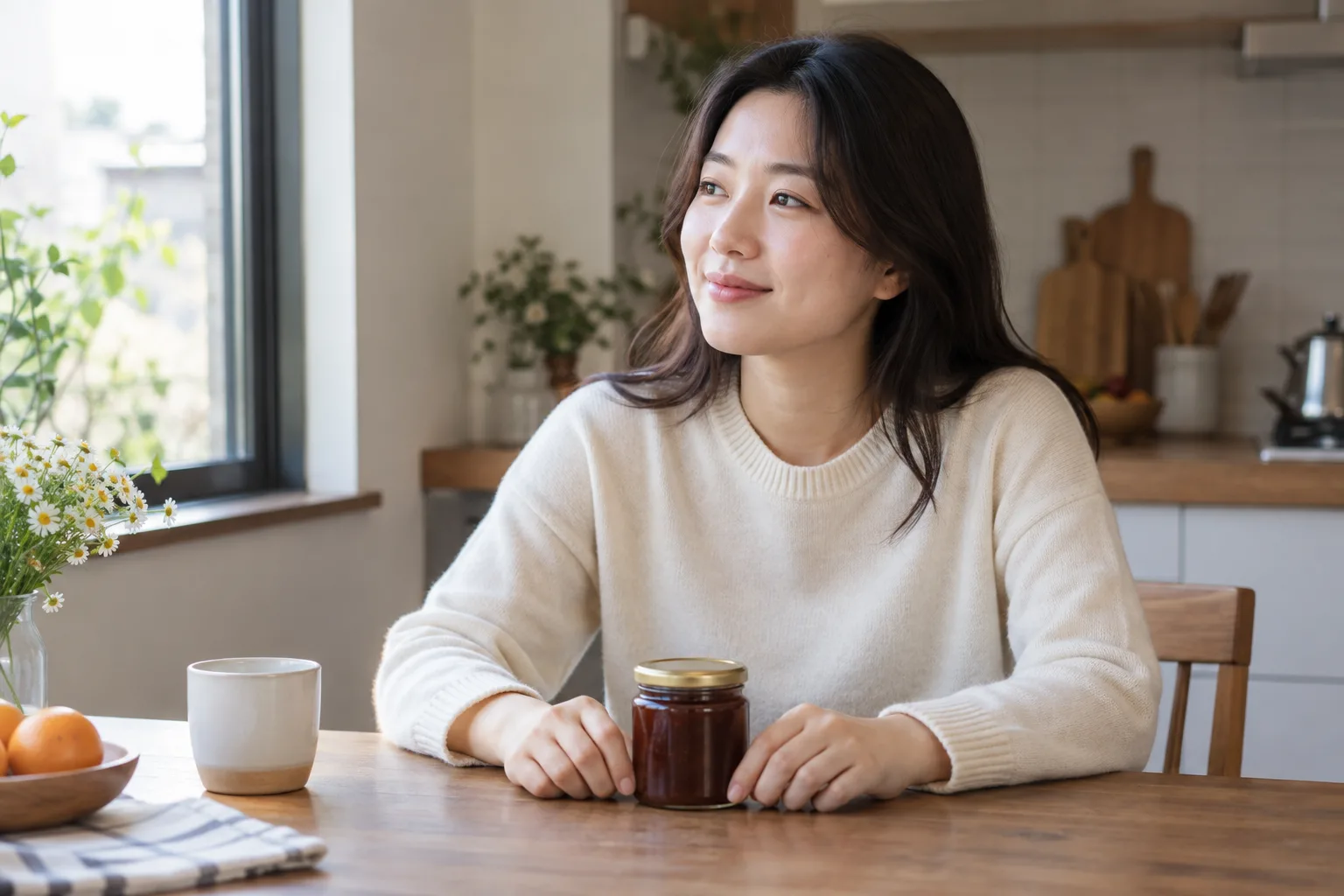 집 주방 탁자에서 손을 편히 놓고 쉬는 성인 여성의 일상 예시