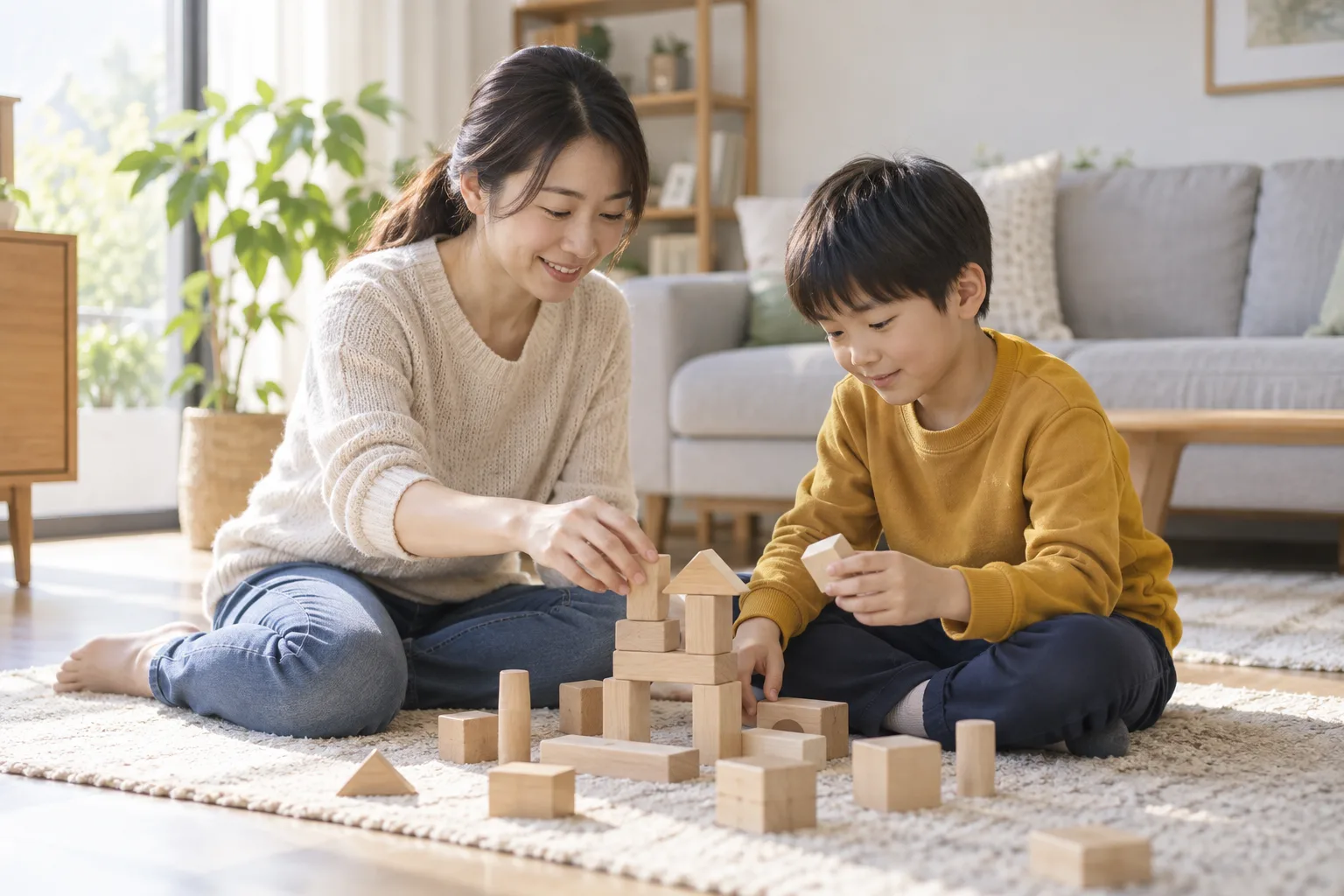 거실에서 보호자와 나무 블록을 함께 쌓는 아동의 일상 예시