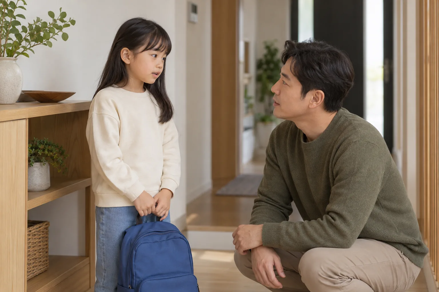 현관에서 보호자가 아이의 말을 듣는 AI 생성 가상 일상