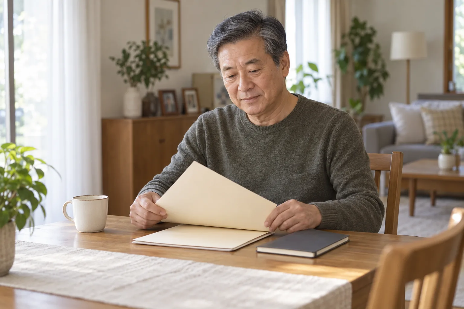 집 식탁에서 글자가 없는 서류철과 공책을 정리하는 성인 남성의 예시