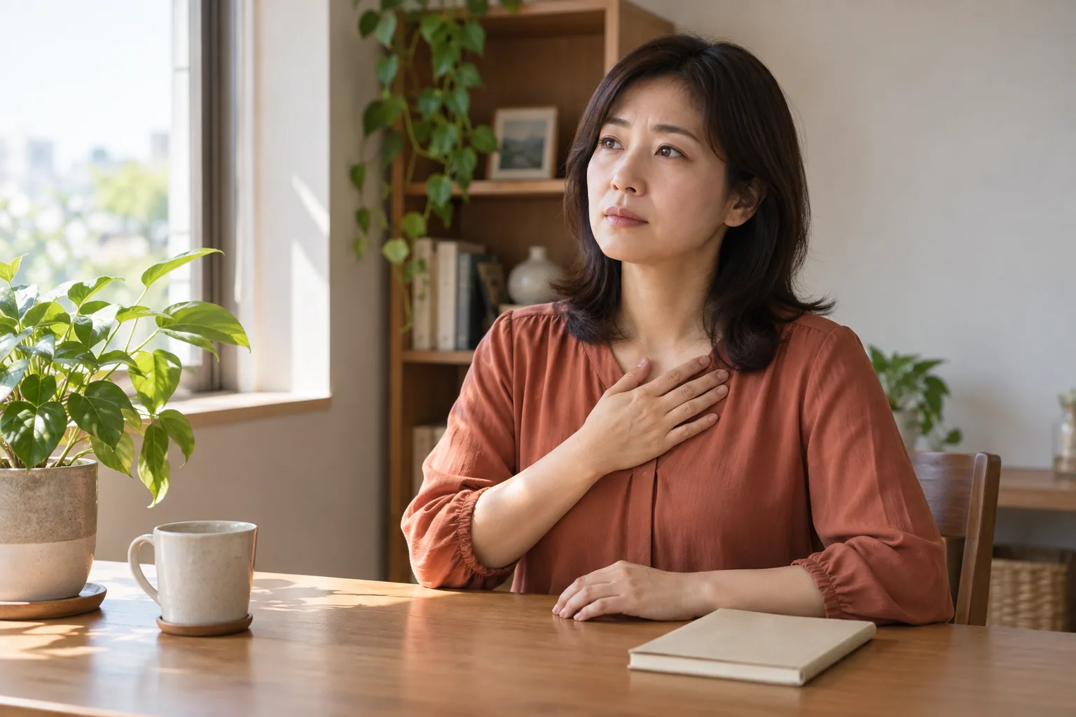 집에서 가슴 부근에 손을 두고 두근거림을 생각하는 성인 여성의 일상 예시