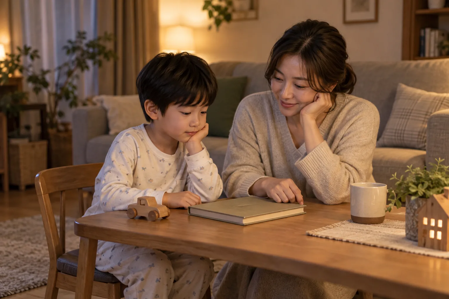 저녁에 탁자에서 보호자와 조용한 시간을 보내는 아동의 일상 예시
