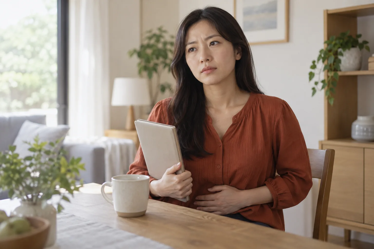 집에서 하복부에 손을 두고 생리 불편을 생각하는 성인 여성의 일상 예시