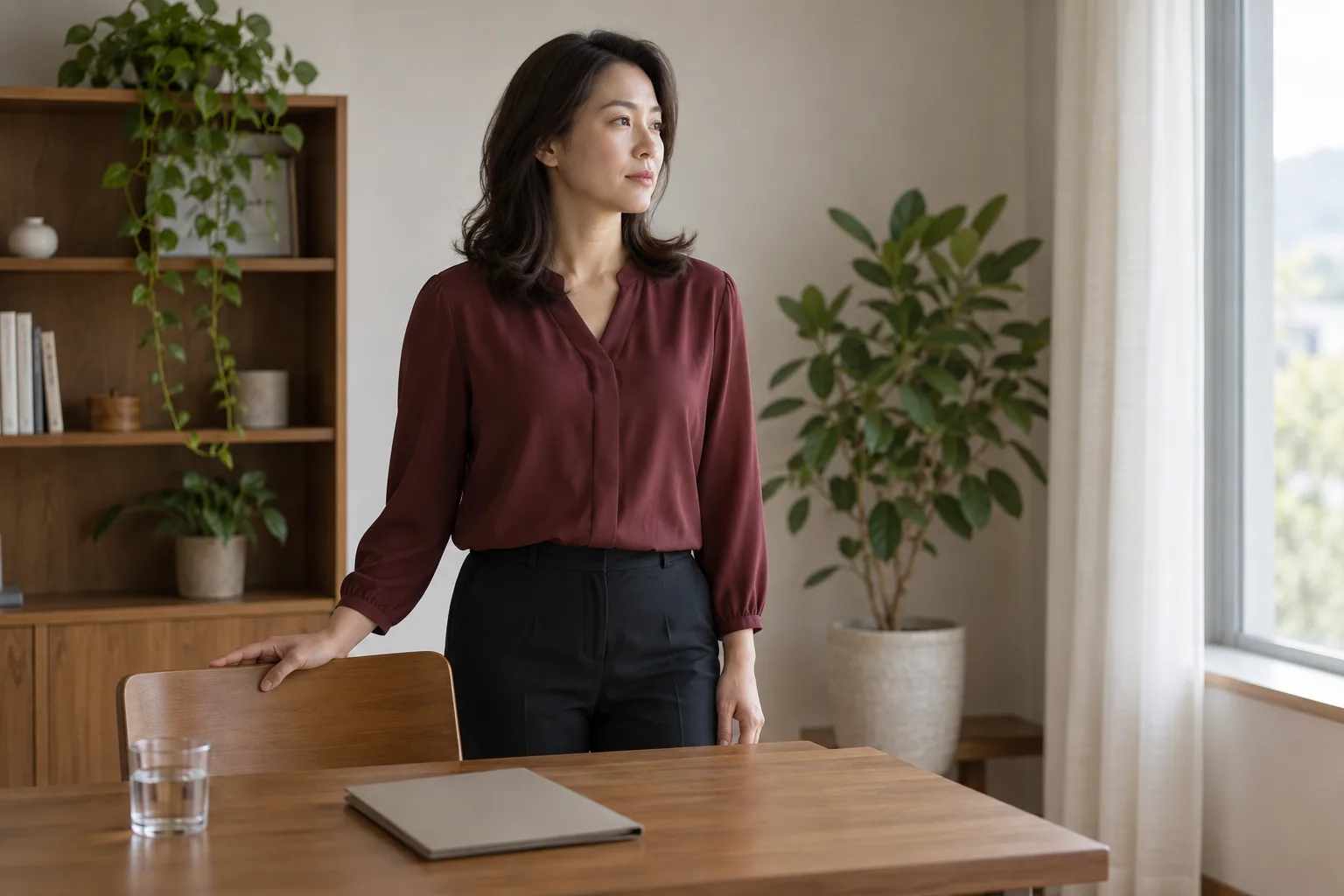 책상 옆에서 일상을 잠시 멈춘 성인 여성의 AI 생성 가상 장면