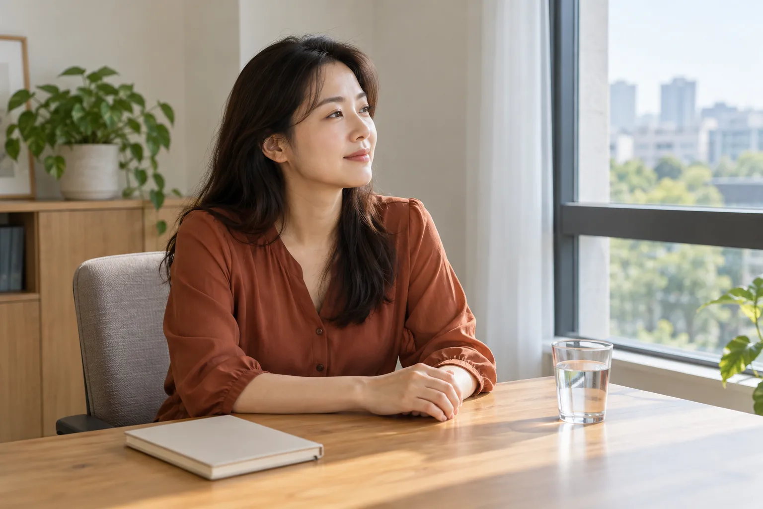 창가 사무실 책상에서 하던 일을 잠시 멈춘 성인 여성의 AI 생성 가상 일상