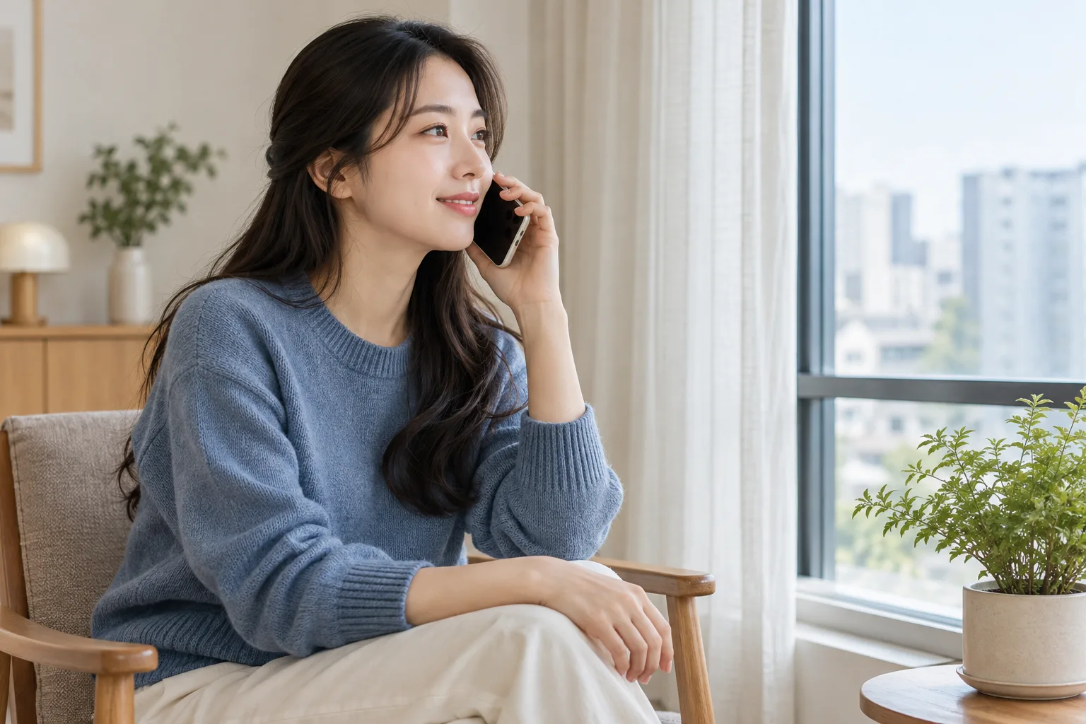 성인 여성이 집에서 검사에 관한 질문을 전화로 의논하는 AI 생성 가상 일상