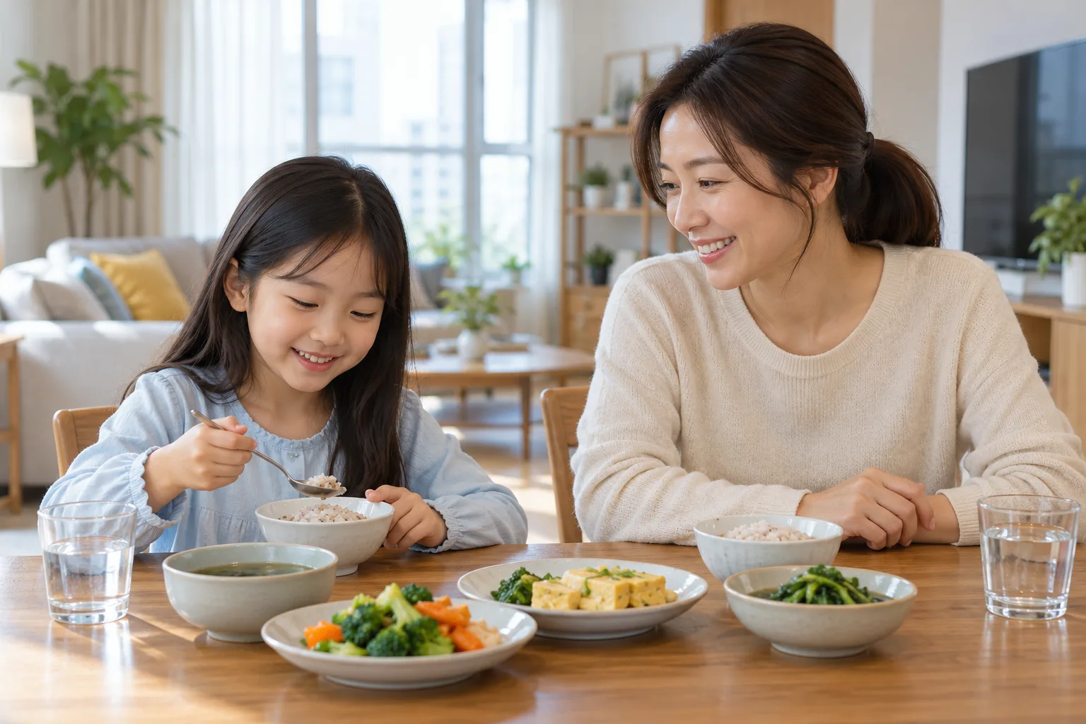 학교에 다닐 나이의 여아가 보호자와 한 끼를 먹는 AI 생성 가상 일상