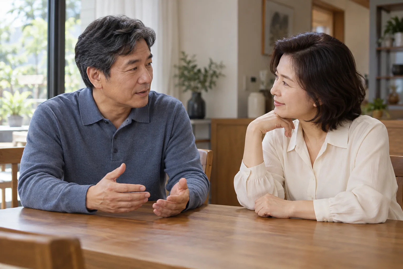 식탁에서 중년 남성과 동반자가 대화하는 AI 생성 가상 일상