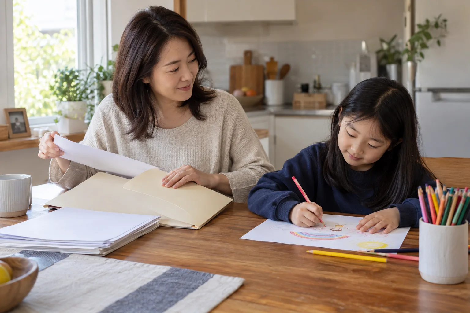 기존 기록을 정리하는 보호자 옆에서 그림을 그리는 어린 여자아이의 예시