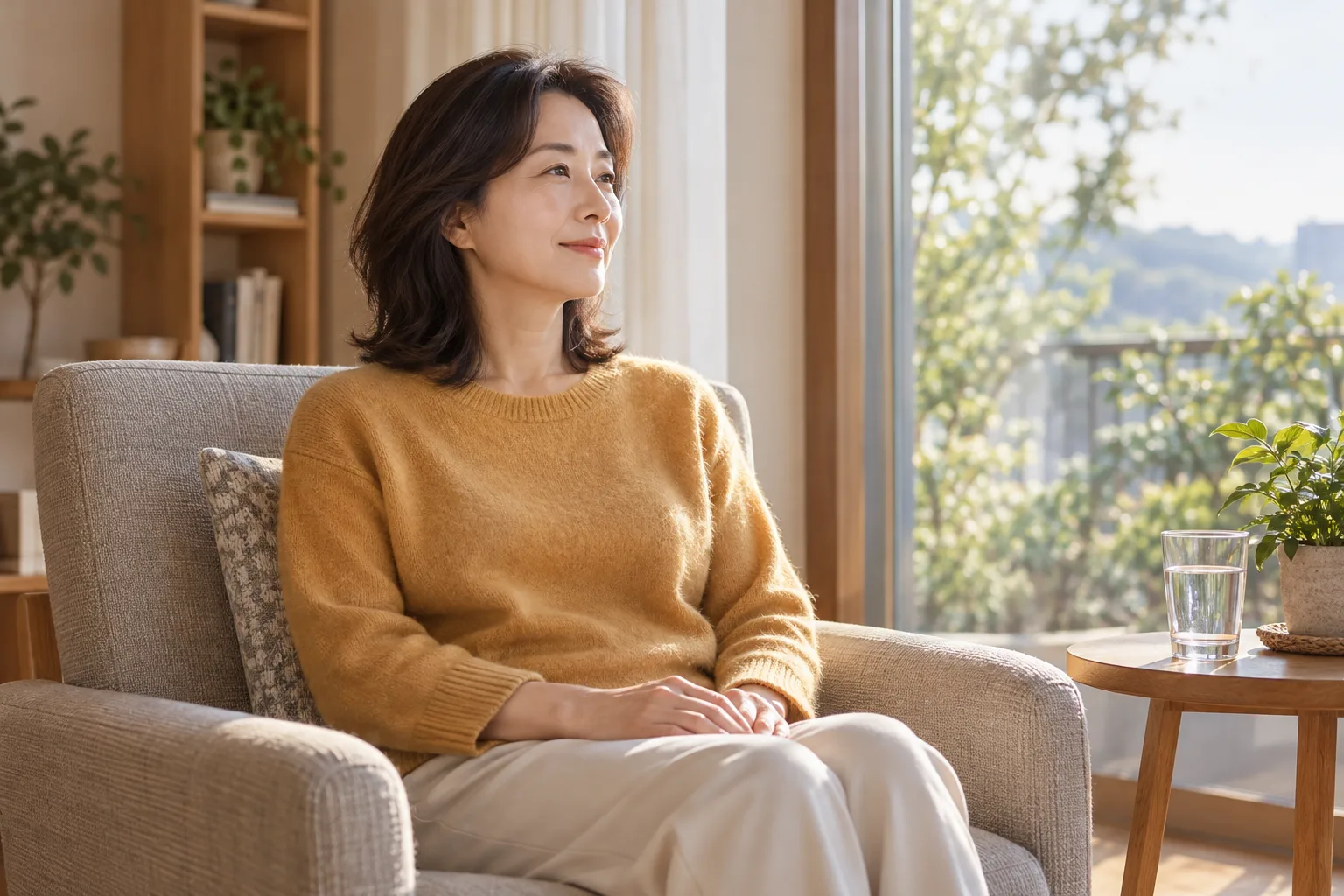 창가 거실의 의자에 앉아 조용히 쉬는 성인 여성의 AI 생성 가상 일상