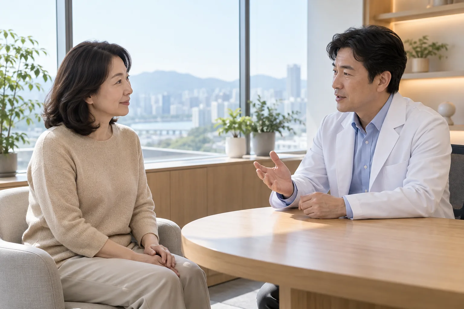 성인 여성이 현대 흰 가운 의료인에게 치료 선택 설명을 듣는 AI 생성 가상 상담