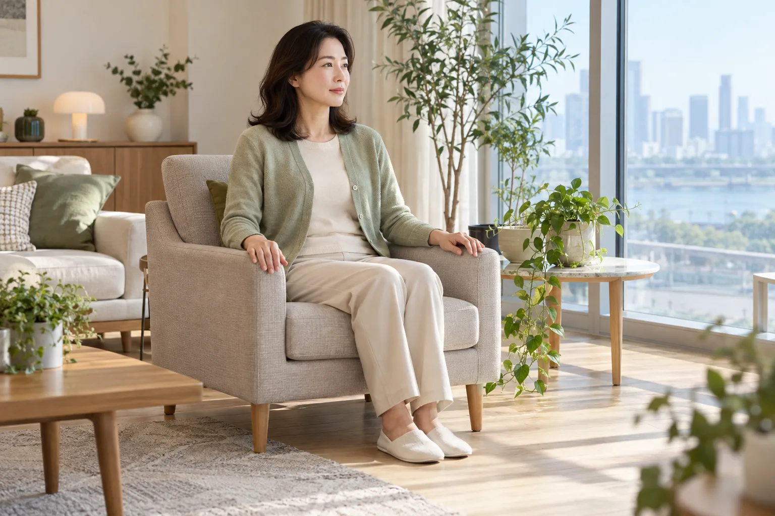 안정된 의자에 똑바로 앉아 쉬는 성인 여성의 AI 생성 가상 일상