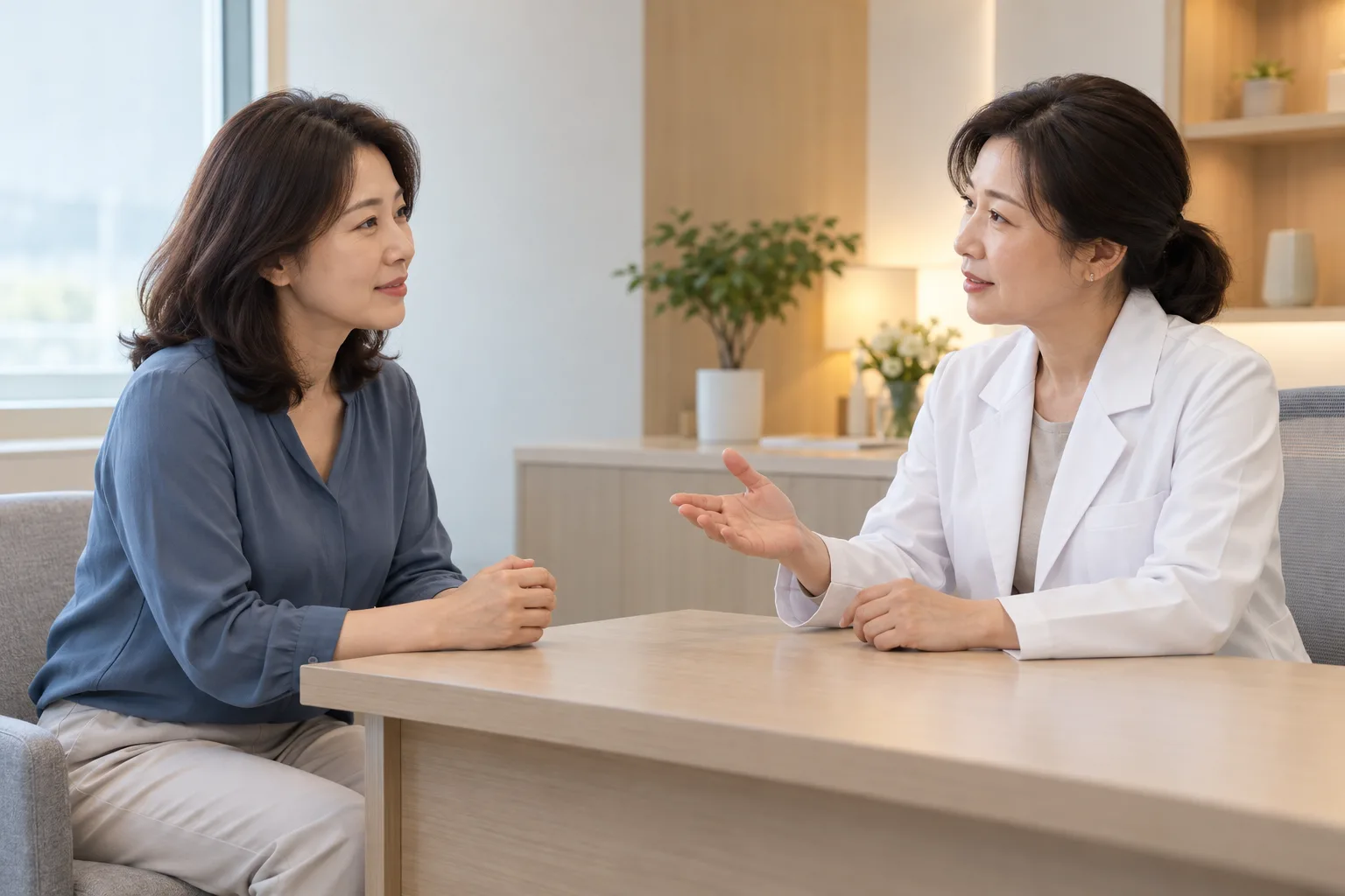 성인 여성이 흰 가운 의료인의 설명을 듣는 AI 생성 가상 상담